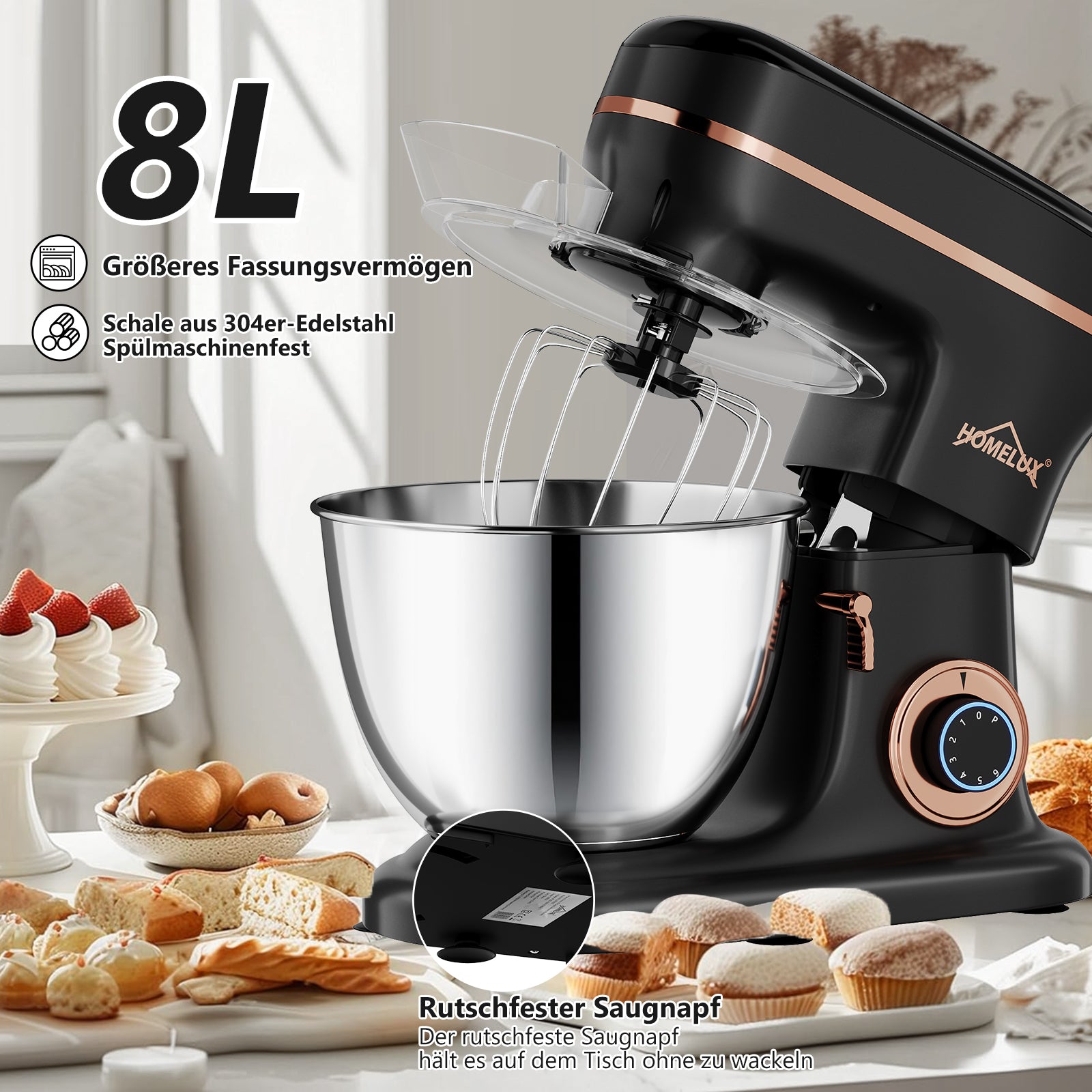 HOMELUX Knetmaschine 8L: Perfekt für Backen & Mischen - Vielseitigkeit, 1800W Motor, 6 Geschwindigkeiten