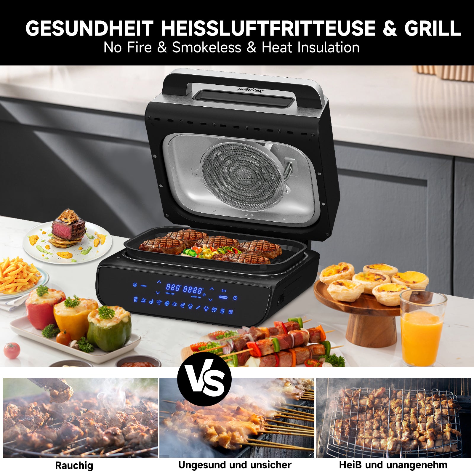 HOMELUX Grill &amp; Hot Air Fryer 6-in-1 with Contact Grill Plate, Digital Temperature Sensor, Touch Control, Max 230℃, 1700W