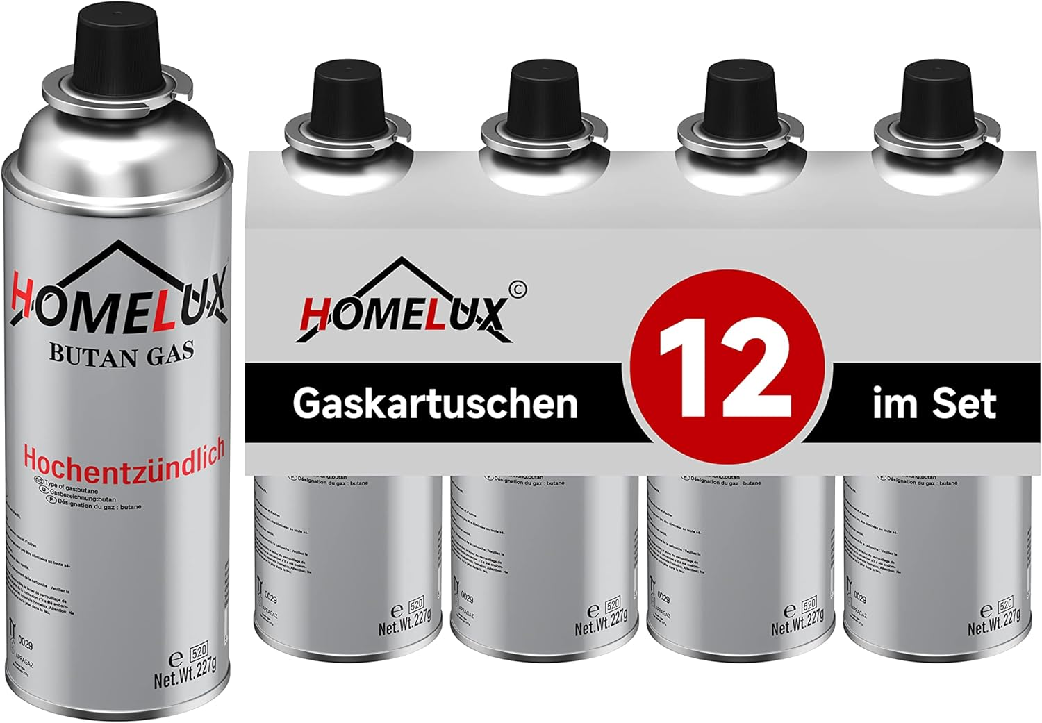 HOMELUX Gaskartuschen 227g, Butan mit Bajonett Ventil, für Campingkocher, Gaskocher, Gasheizung, Gasbrenner, Lötbrenner