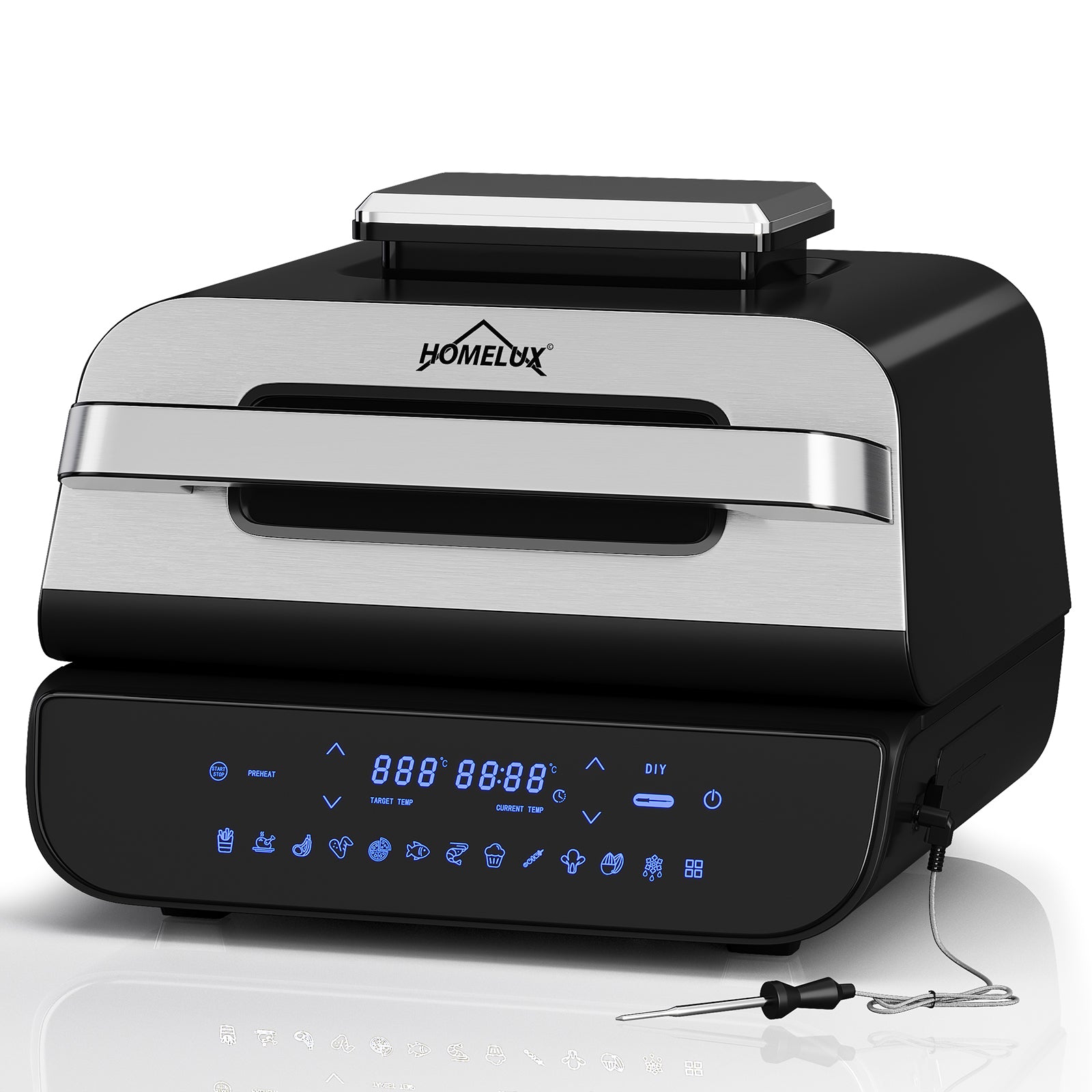 HOMELUX Grill &amp; Hot Air Fryer 6-in-1 with Contact Grill Plate, Digital Temperature Sensor, Touch Control, Max 230℃, 1700W