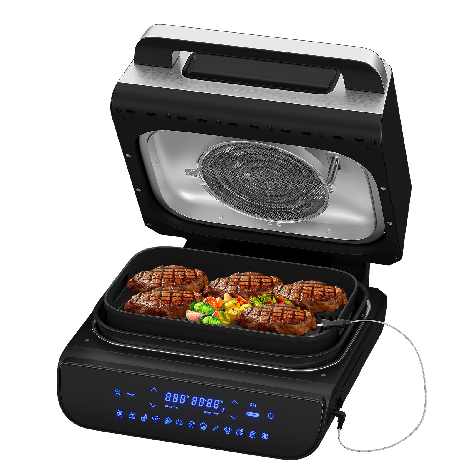 HOMELUX Grill & Heißluftfritteuse 6-in-1 mit Kontaktgrill Plate, Digitalem Temperaturfühler, Touch-Steuerung, Max 230℃, 1700W