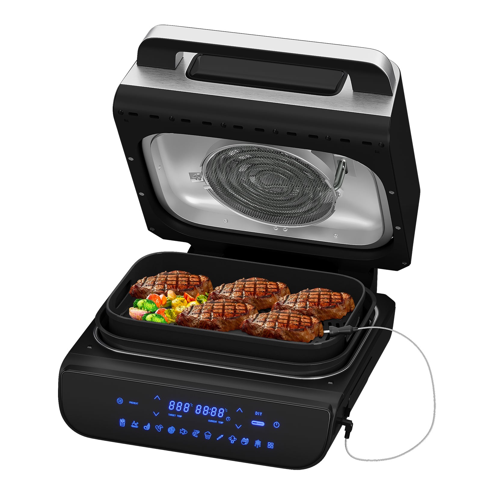 HOMELUX Grill & Heißluftfritteuse 6-in-1 mit Kontaktgrill Plate, Digitalem Temperaturfühler, Touch-Steuerung, Max 230℃, 1700W