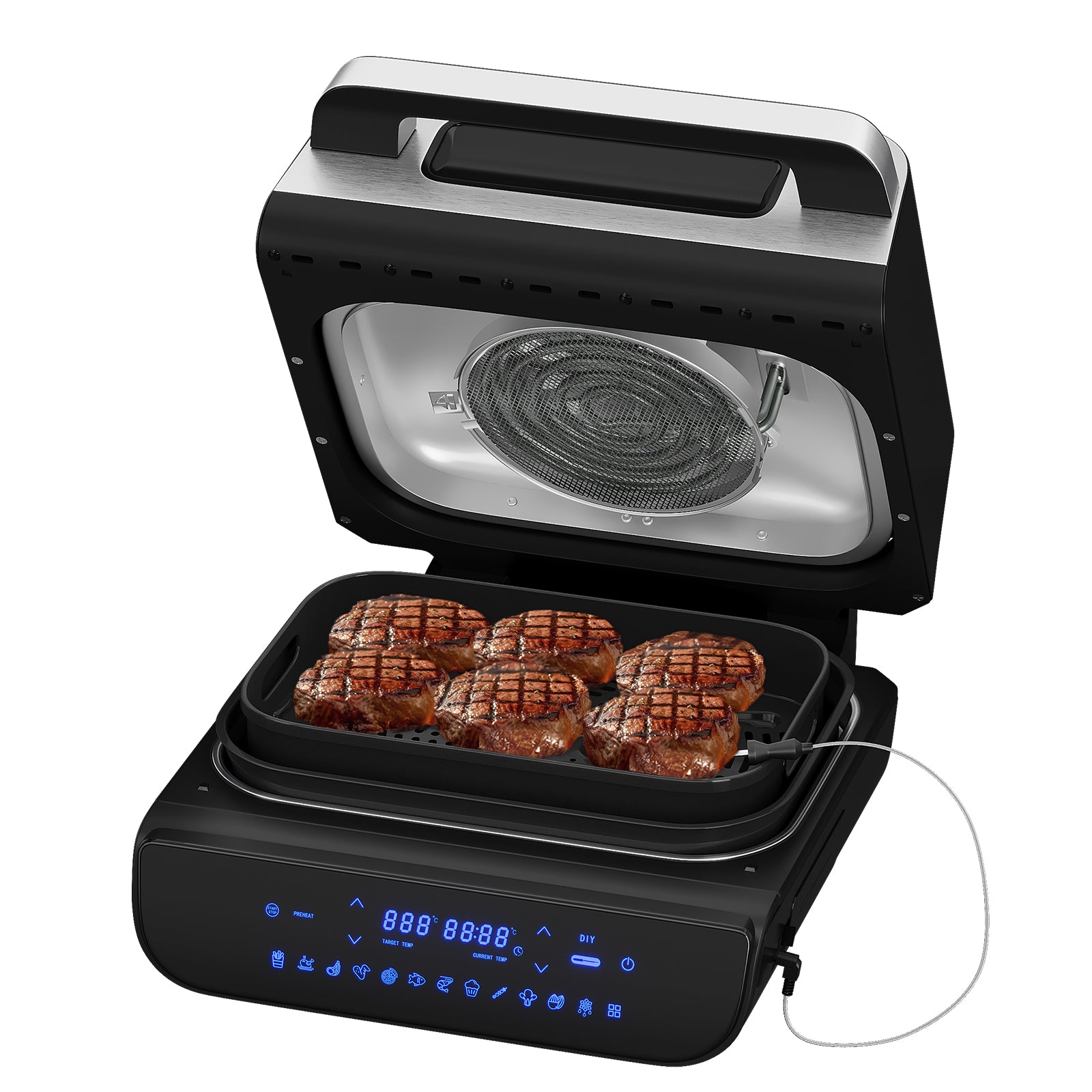 HOMELUX Grill & Heißluftfritteuse 6-in-1 mit Kontaktgrill Plate, Digitalem Temperaturfühler, Touch-Steuerung, Max 230℃, 1700W