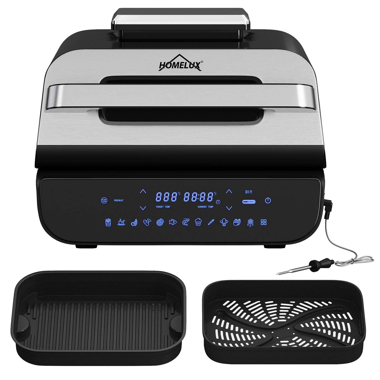 HOMELUX Grill & Heißluftfritteuse 6-in-1 mit Kontaktgrill Plate, Digitalem Temperaturfühler, Touch-Steuerung, Max 230℃, 1700W