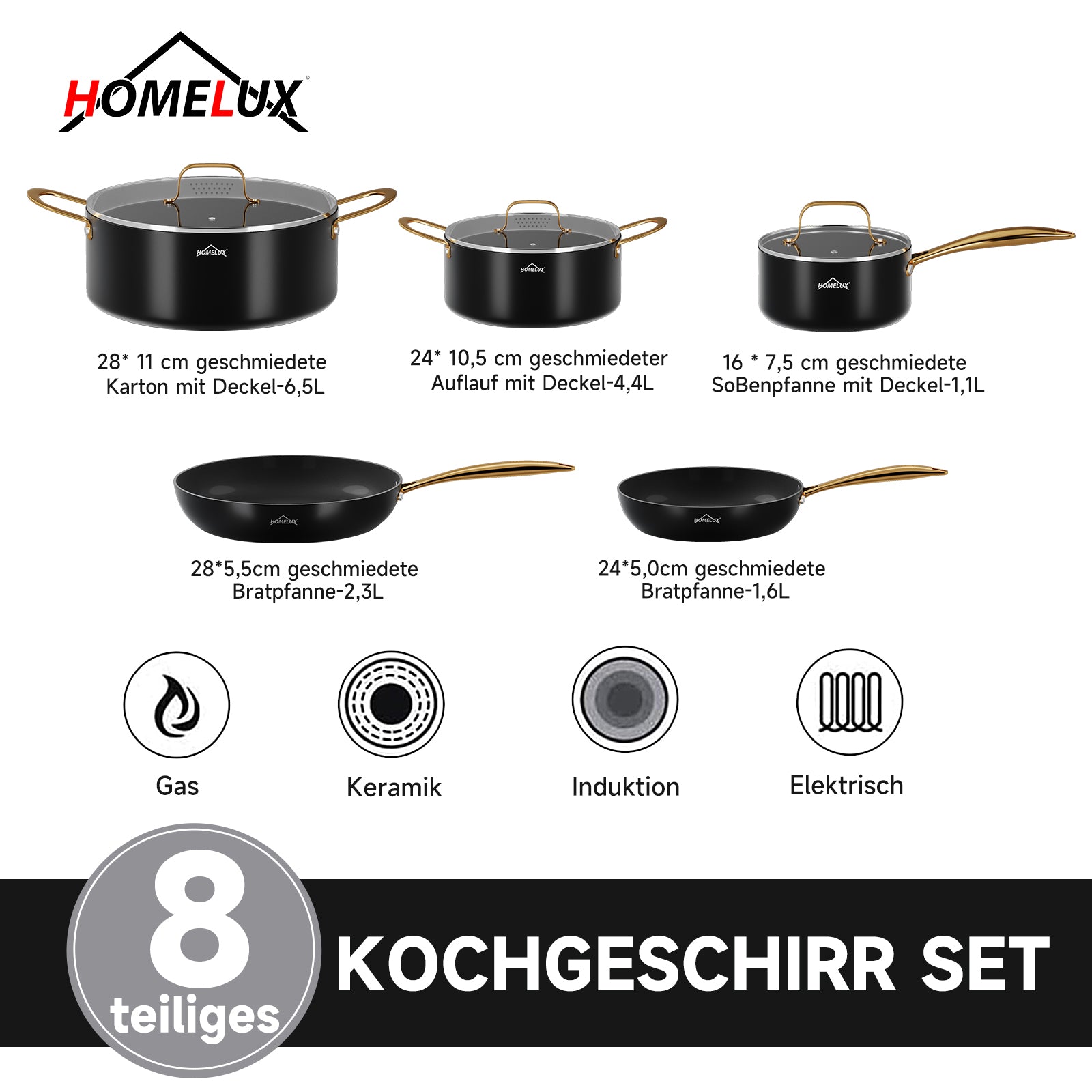 Topfset HOMELUX Topfset Induktion 8 teilig Induktions Töpfe Set Töpfe mit Glasdeckel Kochtopf-Set Töpfe und Pfannen set Schwarz