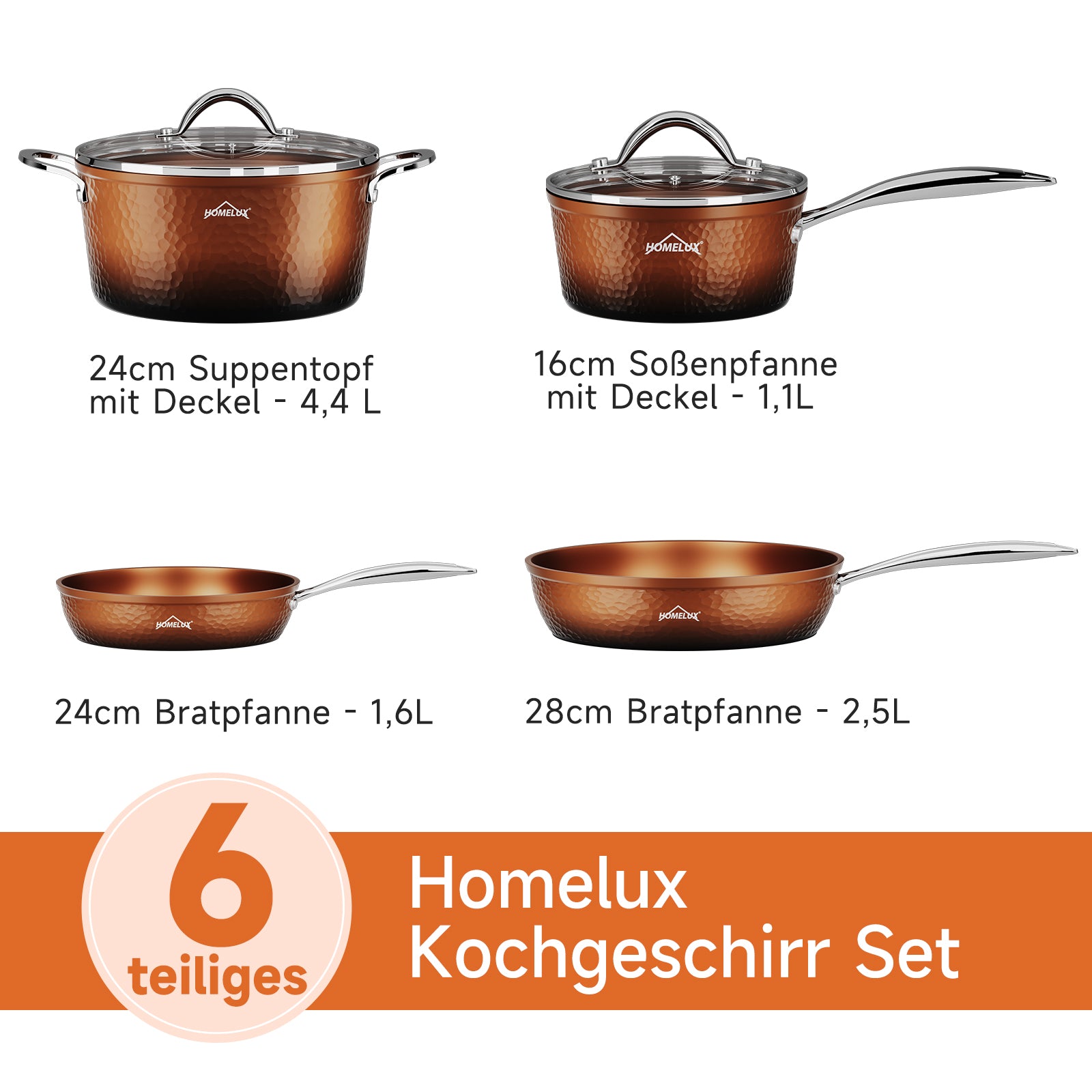 HOMELUX 6-tlg Pfannenset Kochgeschirr-Sets Topfset Induktion 6 teilig, Induktions Töpfe Set Kochtopf-Set Kochtopfset für Alle Herdarten