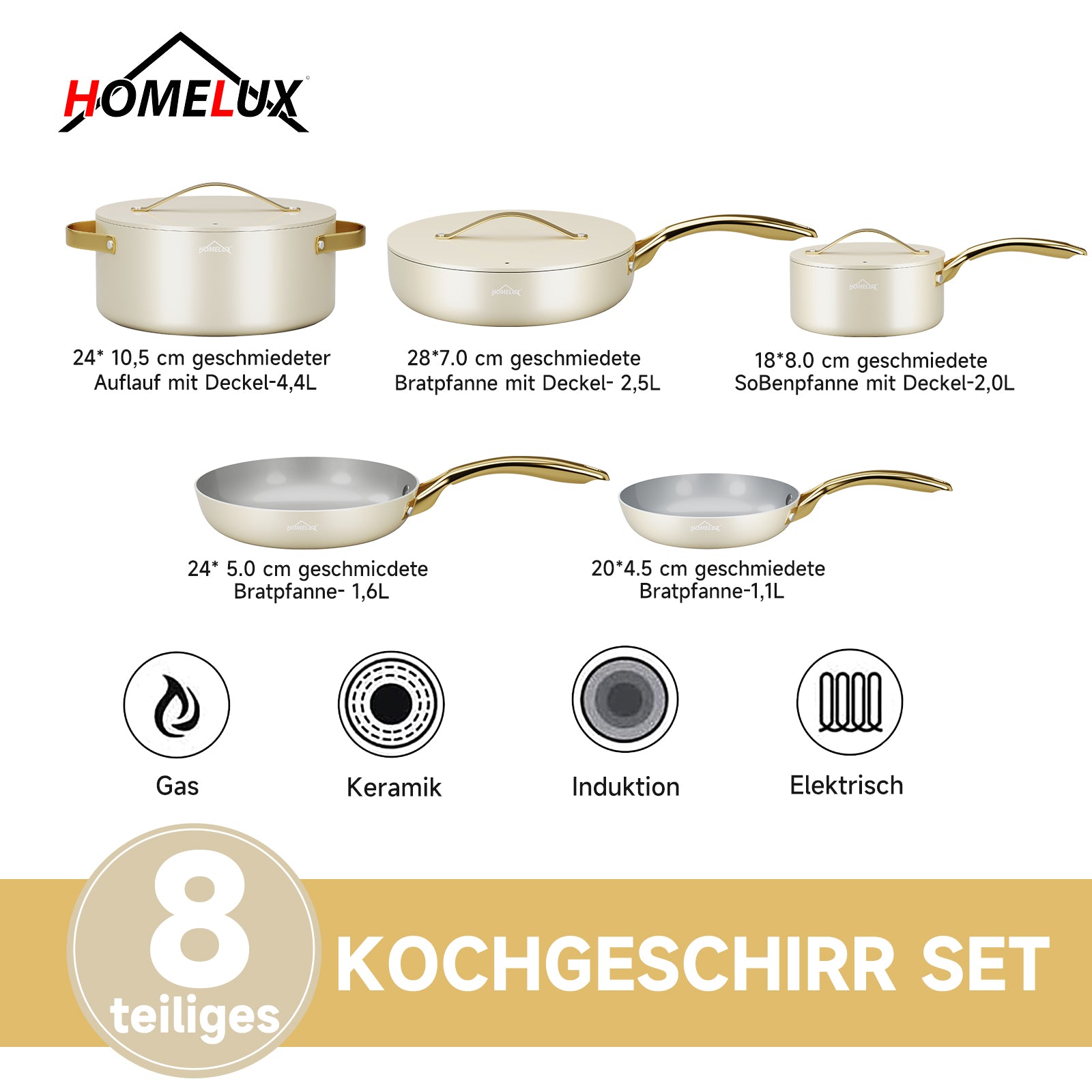 Pot set HOMELUX pot set induction 8 pieces induction pot set pots with glass lid cooking pot set pots and pans set suitable for induction white