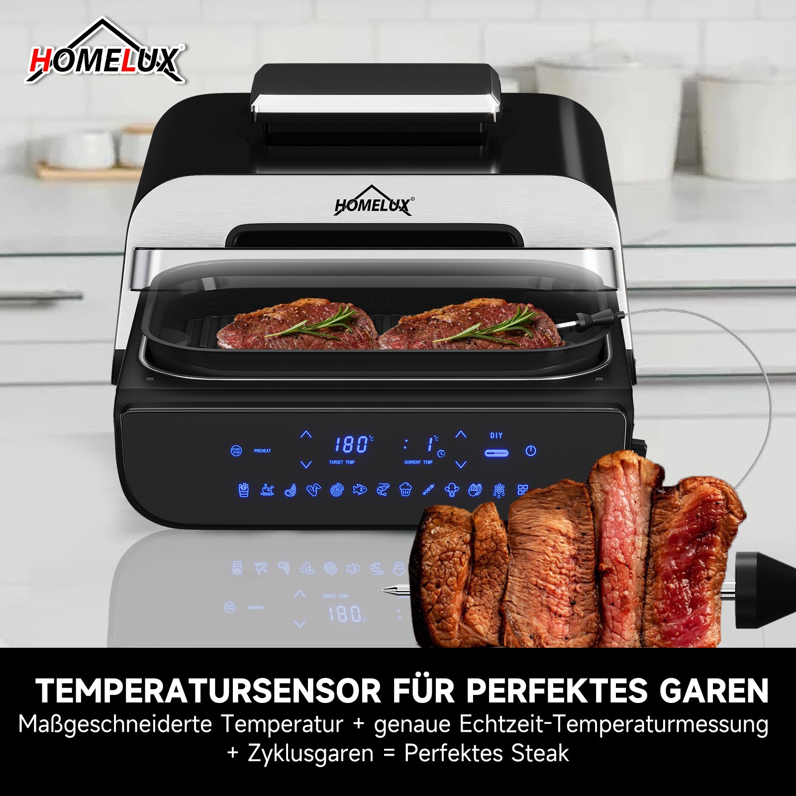 HOMELUX Grill & Heißluftfritteuse 6-in-1 mit Kontaktgrill Plate, Digitalem Temperaturfühler, Touch-Steuerung, Max 230℃, 1700W