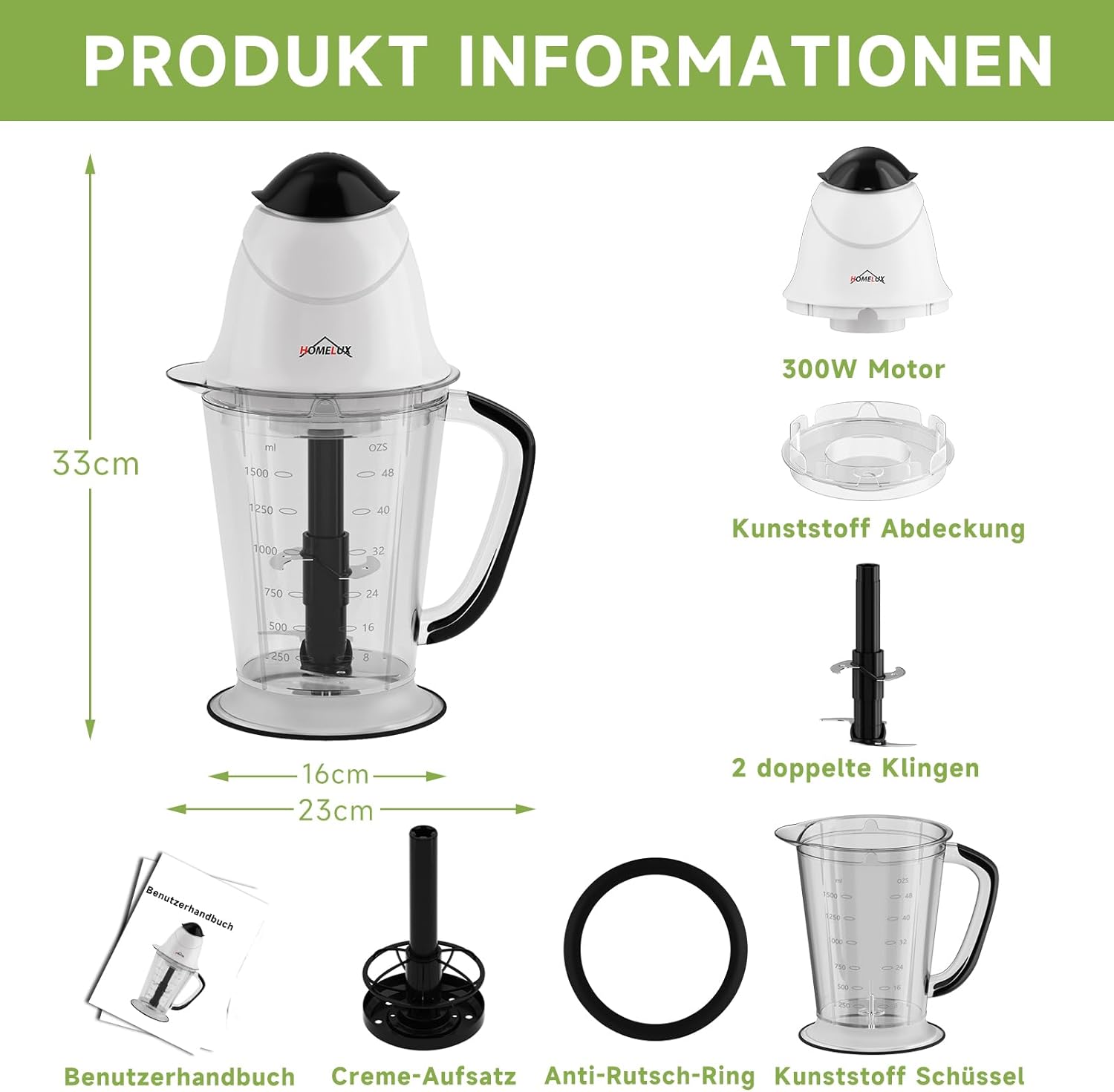 HOMELUX Elektrischer Küchenhäcksler, 300 W Universalhäcksler mit 1.5 L Glasbehälter, Fleischwolf, Multihäcksler, für Fleisch, Gemüse, Obst