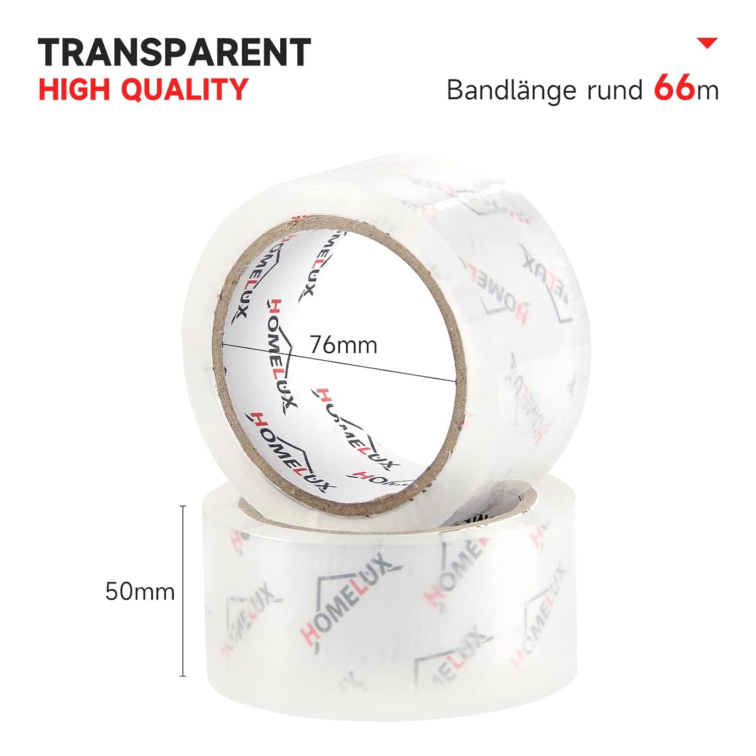 HOMELUX Transparentes Paketklebeband Geräuscharm, 66m lang, 50mm breit, ideal für Paketversand & Versandschachteln