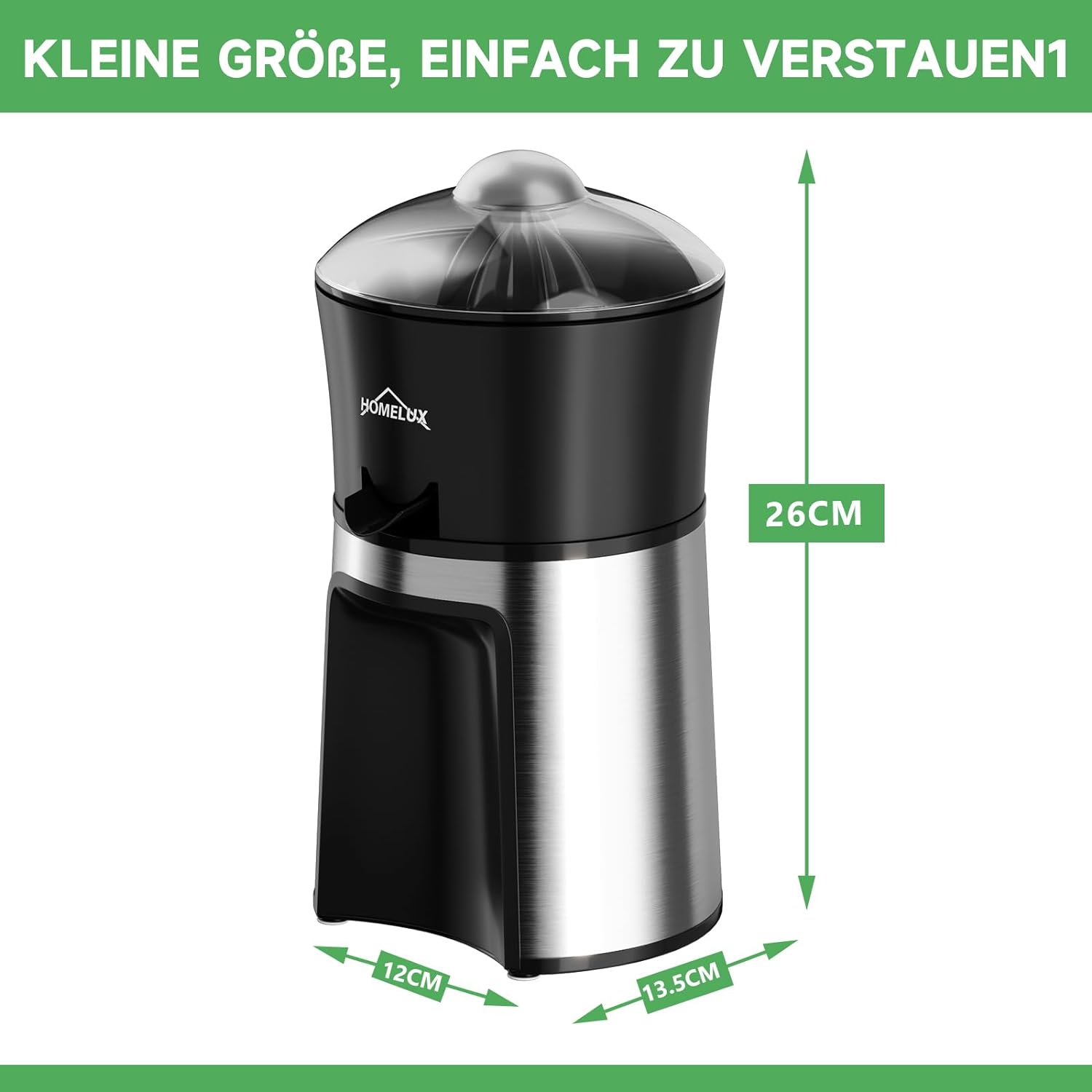 Homelux Elektrische Zitruspresse 500ml: Entsafter mit 2 Kegeln, einstellbares Fruchtfleisch, 45W, Orangenpresse, Hohe Entsaftungsrate