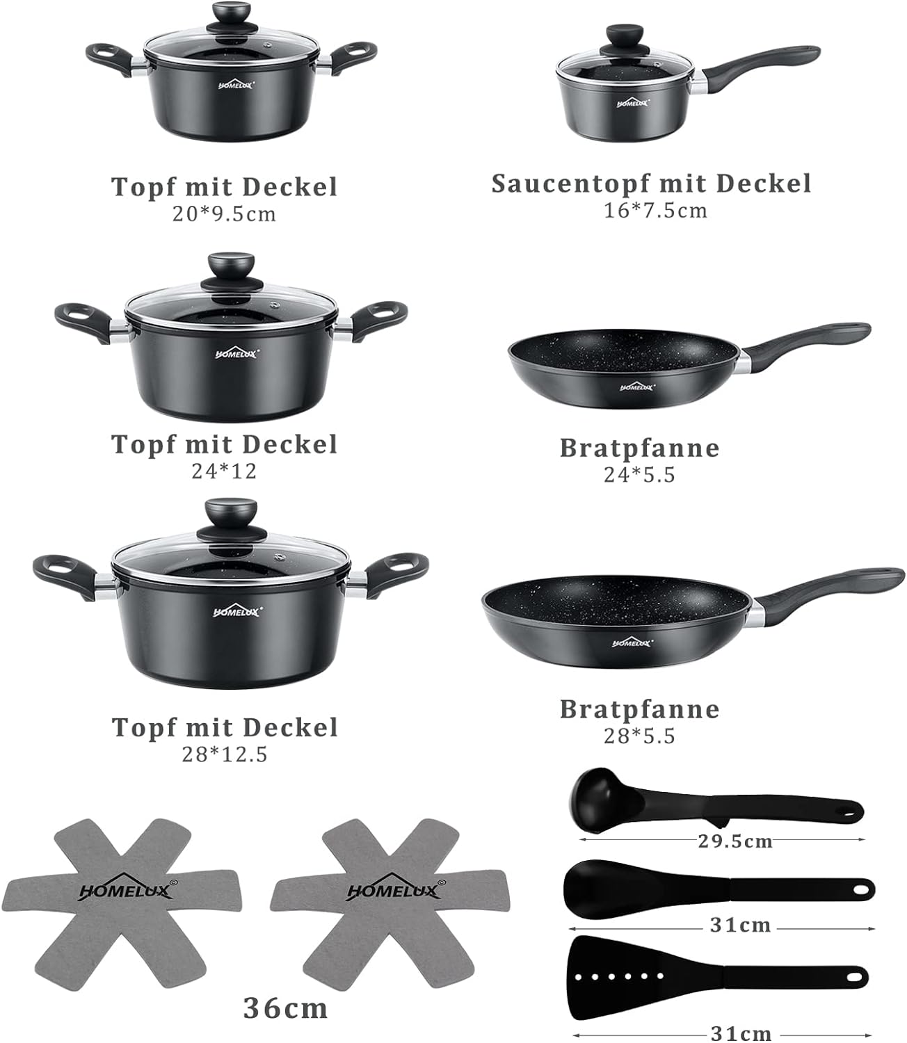 10-piece induction pot set Homelux cooking pot set made of cast aluminum with non-stick coating, including lid. PFOA free, for all types of stoves 