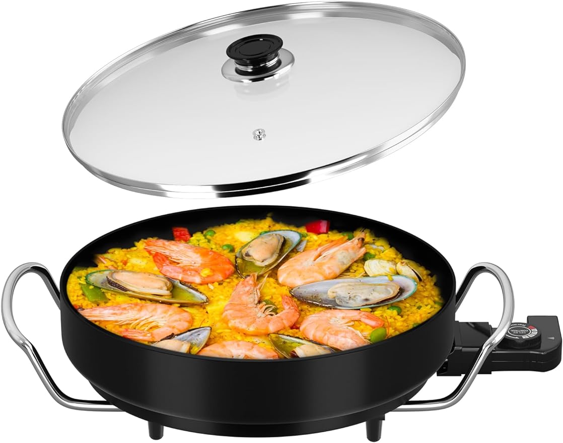 Electric pan: 5 temperature settings, pizza pan, multifunctional pan with non-stick coating and lid 