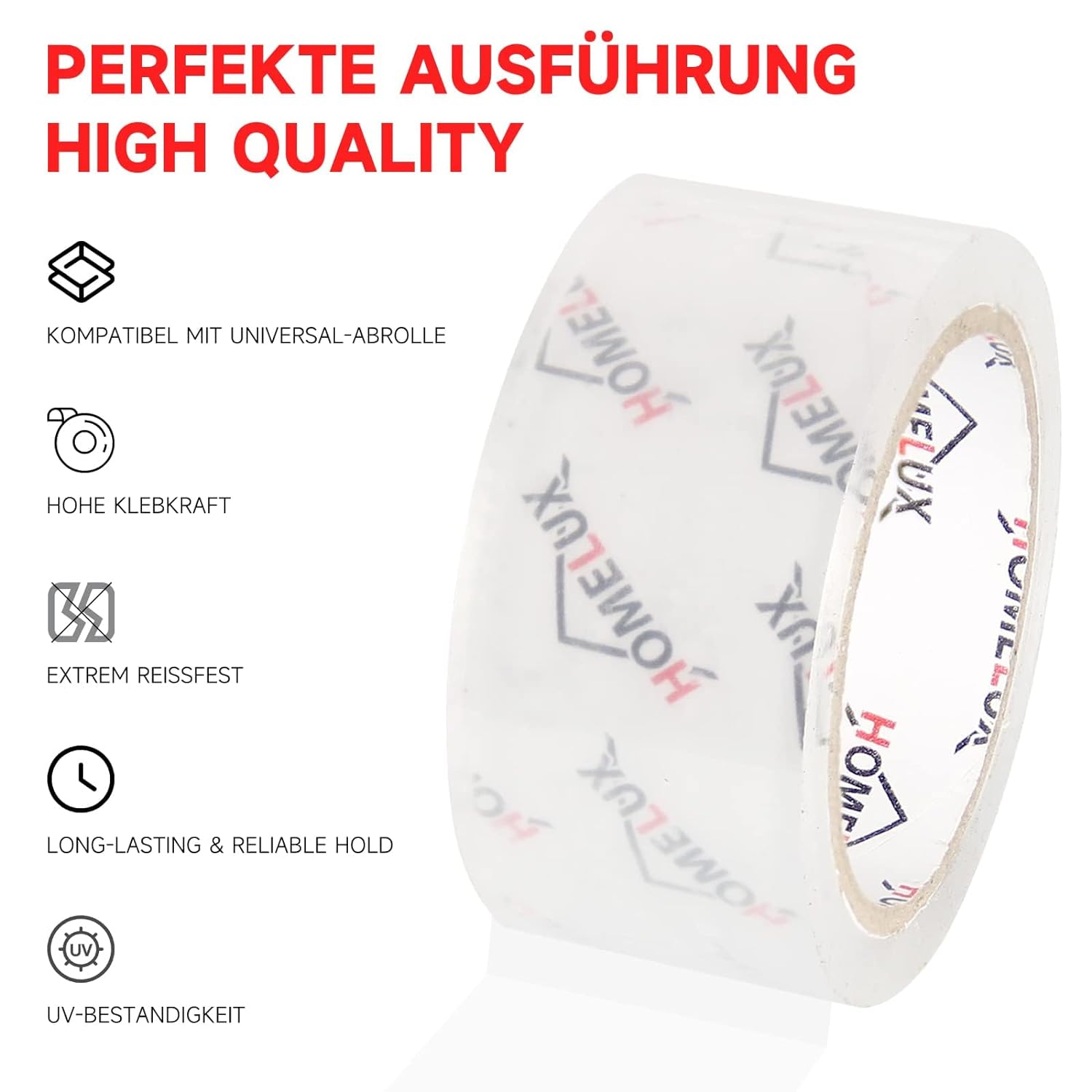 HOMELUX Transparentes Paketklebeband Geräuscharm, 66m lang, 50mm breit, ideal für Paketversand & Versandschachteln