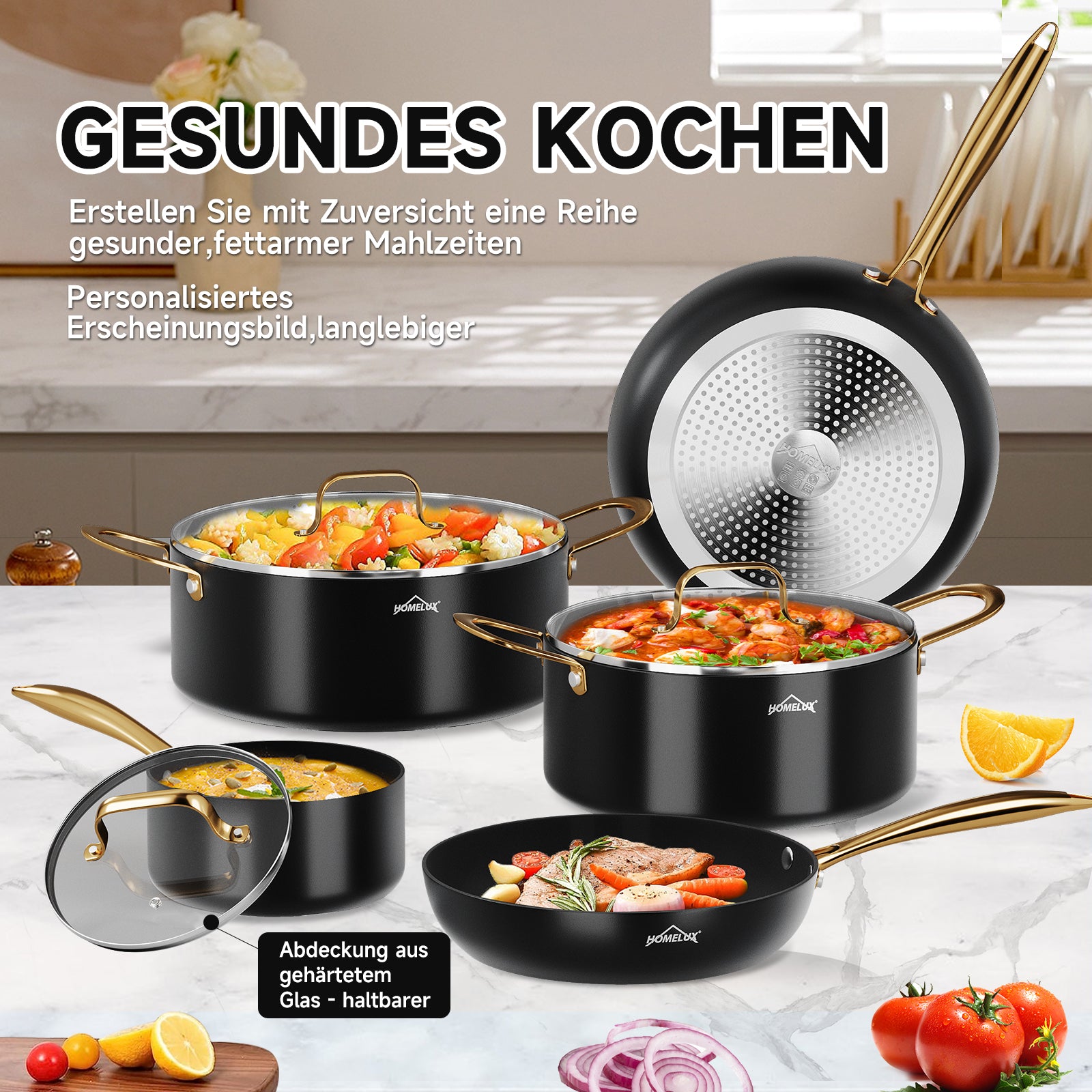 Topfset HOMELUX Topfset Induktion 8 teilig Induktions Töpfe Set Töpfe mit Glasdeckel Kochtopf-Set Töpfe und Pfannen set Schwarz