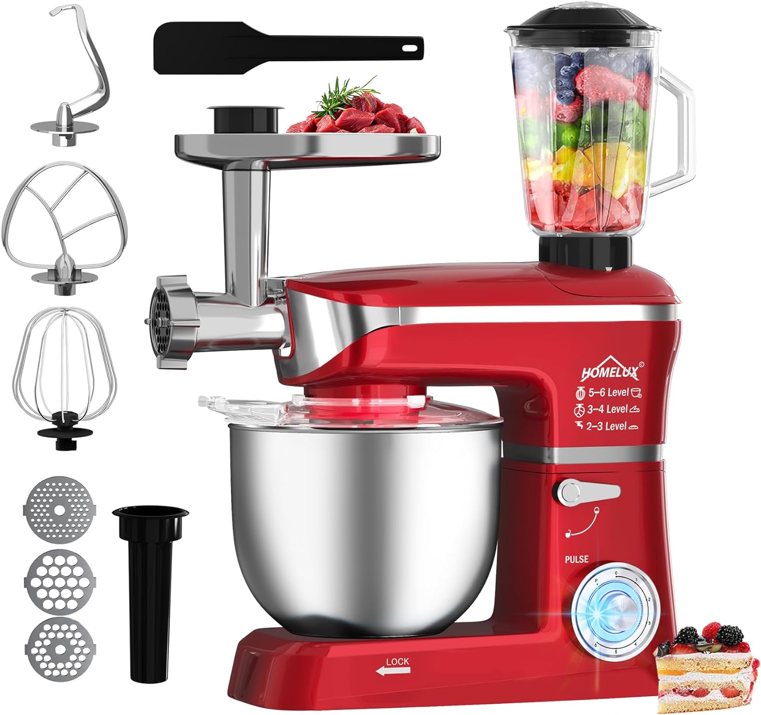 HOMELUX 3-in-1 food processor: meat grinder, kneading machine, 6-stage mixer 2000W, 1.5L juicer, 6L stainless steel bowl