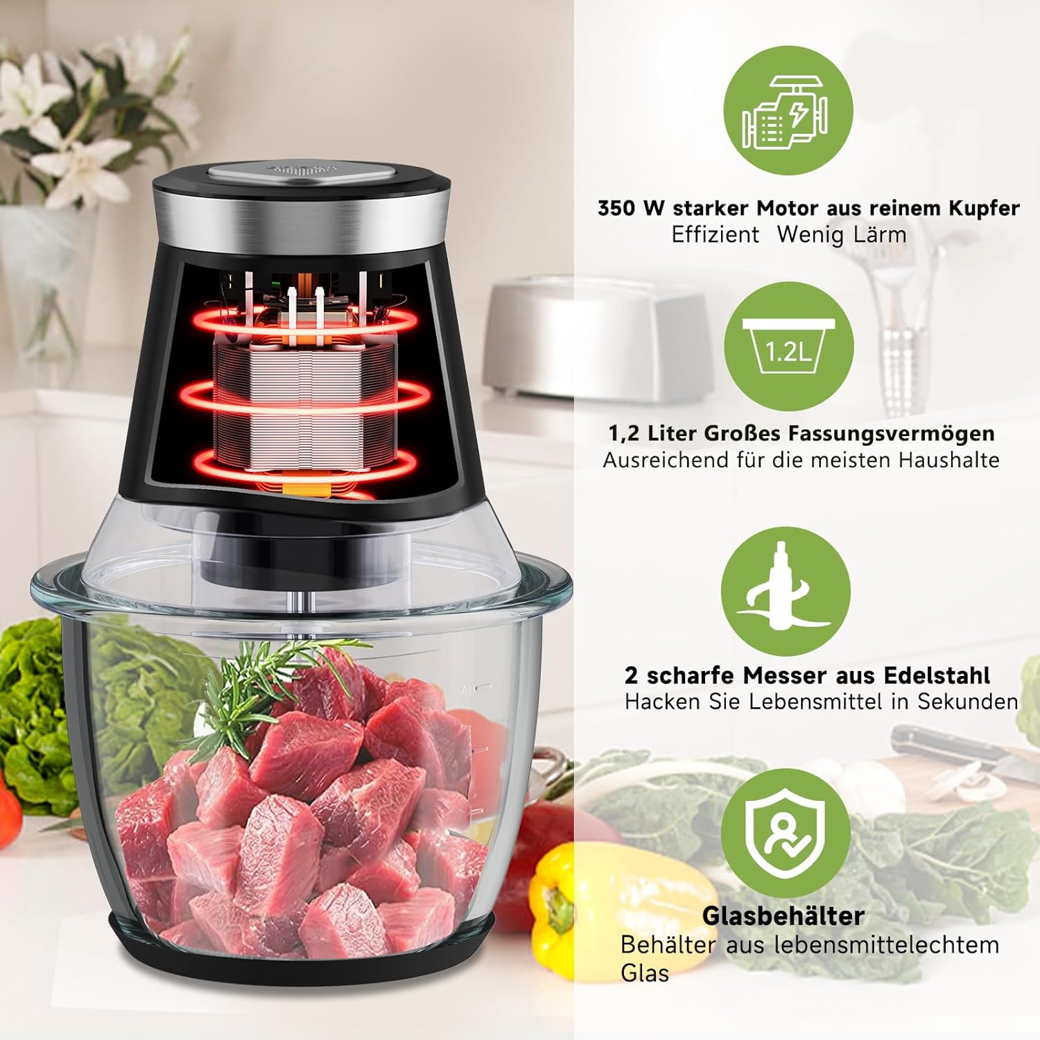 HOMELUX Elektrischer Küchenhäcksler, 300 W Universalhäcksler mit 1.5 L Glasbehälter, Fleischwolf, Multihäcksler, für Fleisch, Gemüse, Obst