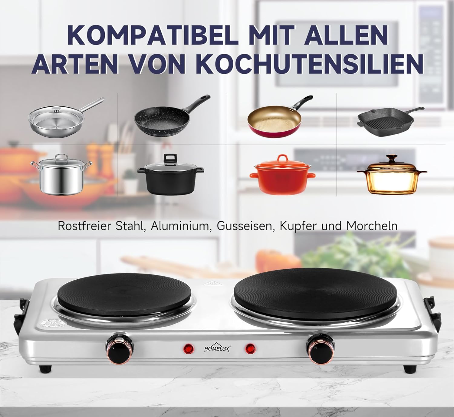 Homelux hotplate 1500W stove top, individually adjustable 5 heating levels, stainless steel hob for kitchen, office or camping 