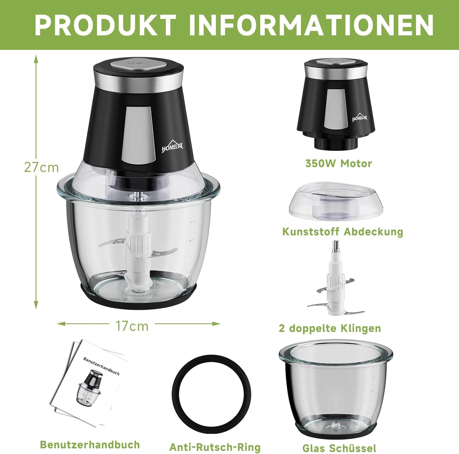 HOMELUX Elektrischer Küchenhäcksler, 300 W Universalhäcksler mit 1.5 L Glasbehälter, Fleischwolf, Multihäcksler, für Fleisch, Gemüse, Obst