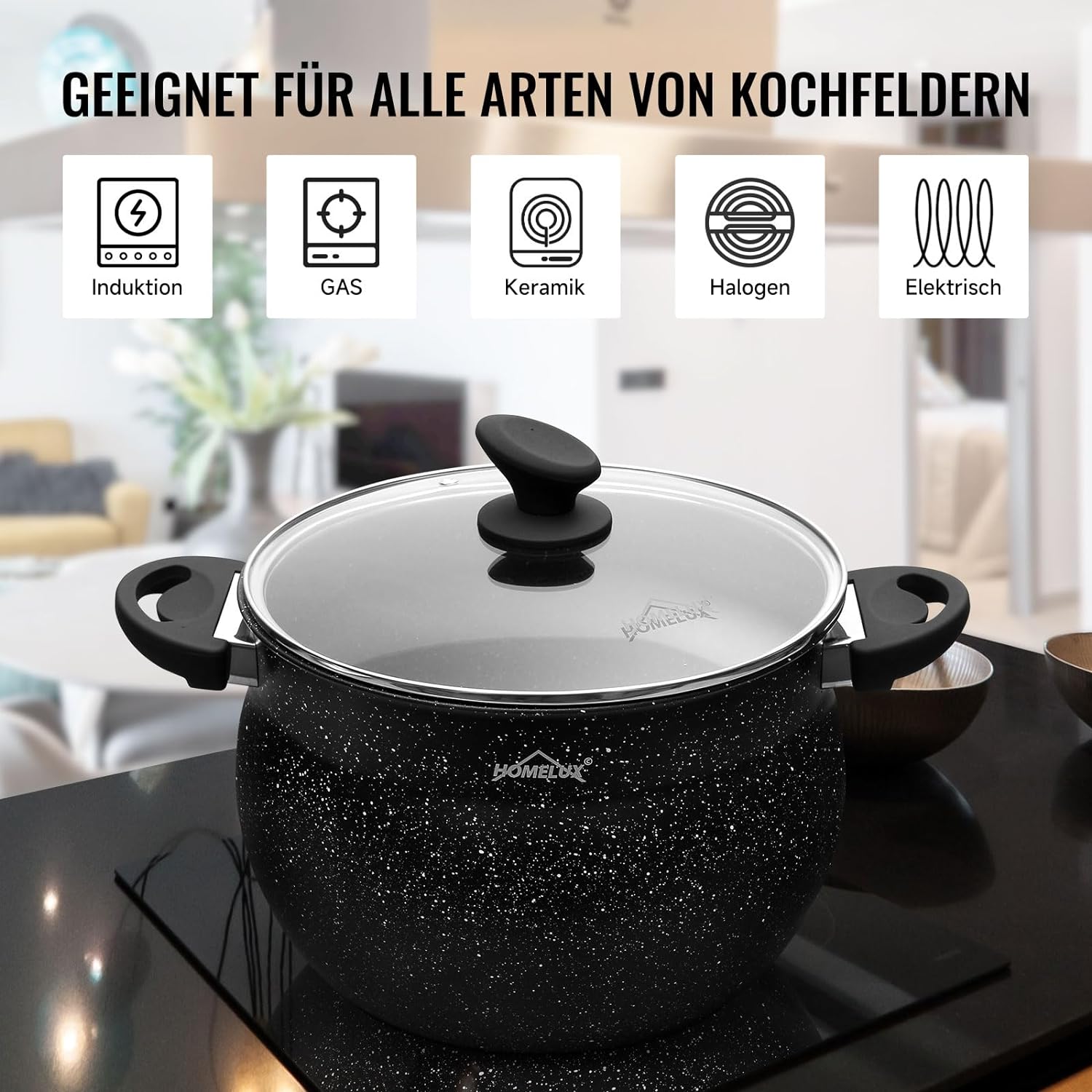 Homelux cooking pots set, induction, non-stick, dishwasher, glass lid, 20cm/4L, 24cm/8L, 28cm/12.5L 