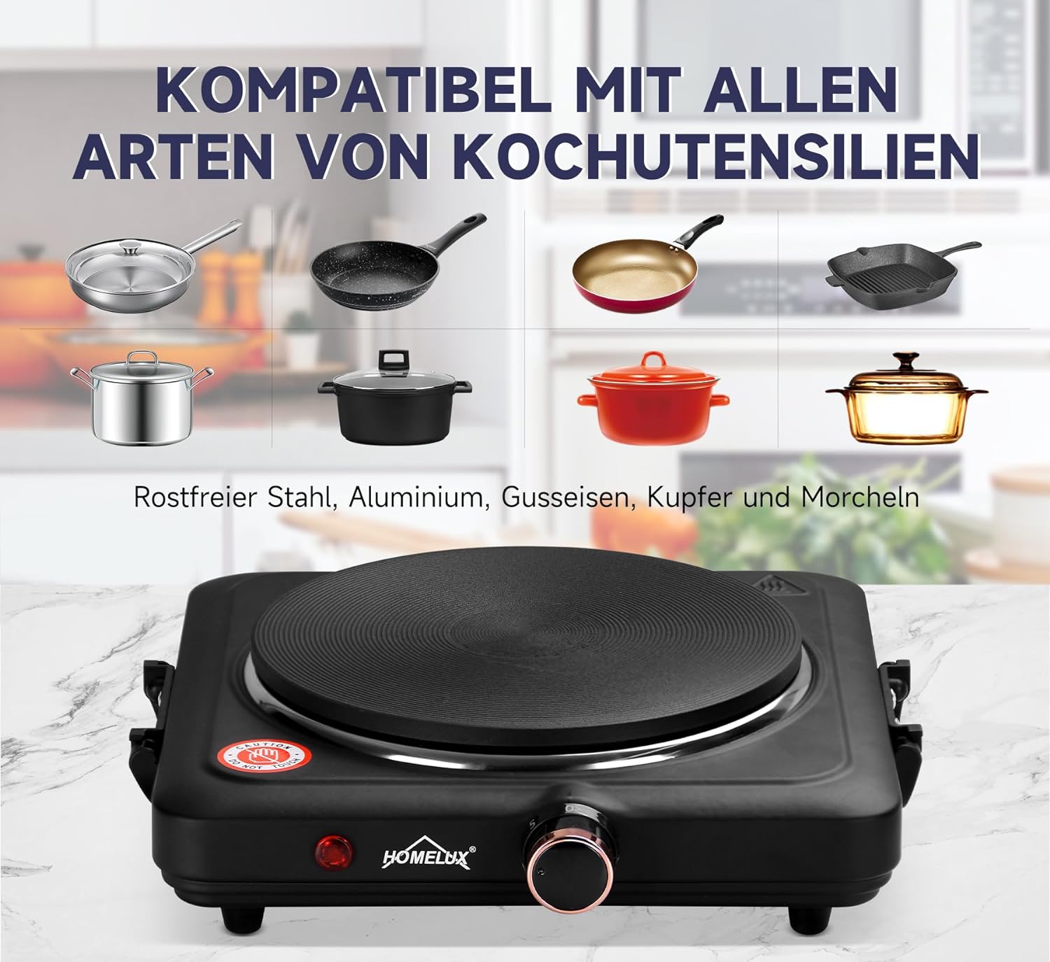 Homelux hotplate 1500W stove top, individually adjustable 5 heating levels, stainless steel hob for kitchen, office or camping 