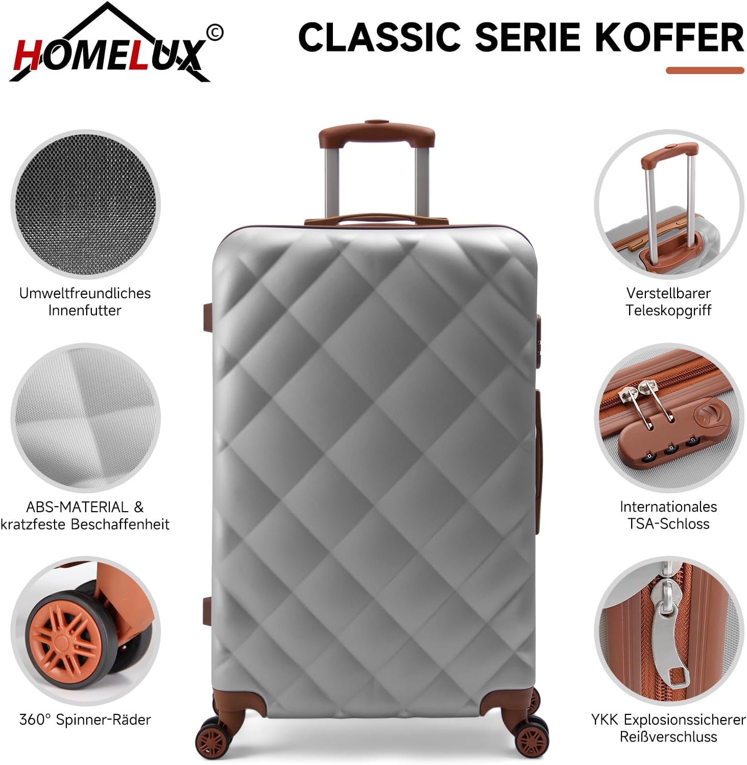 3 Teilig Reisekoffer Kofferset HOMELUX Hartschale ABS Leicht Trolley Rollkoffer Hartschalenkoffer Set - M-L-XL set