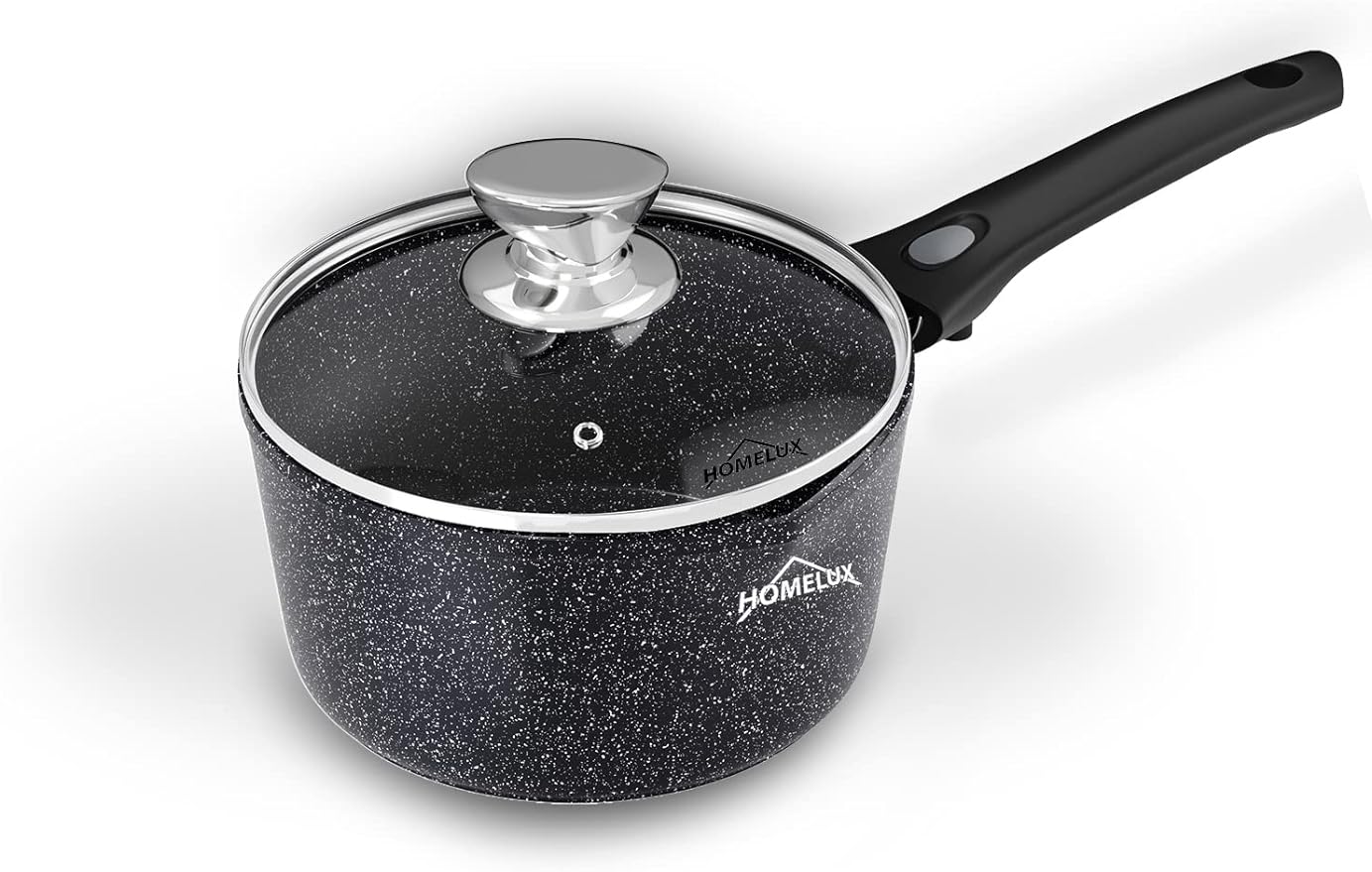 Homelux induction milk pan small cooking pot with pouring spout, saucepan, removable handle. Aluminium, non-stick coating