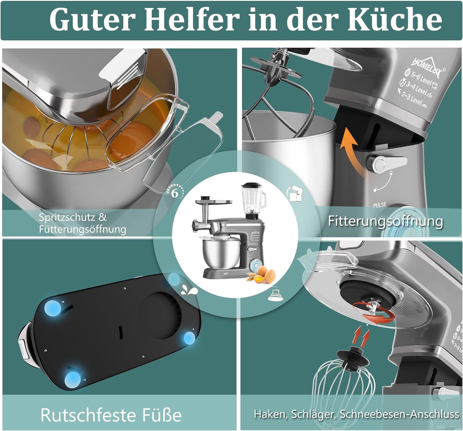 HOMELUX 3-in-1 Küchenmaschine: Fleischwolf, Knetmaschine, 6-stufiger Mixer 2000W, 1.5L Saftpresse, 6L Edelstahlschüssel