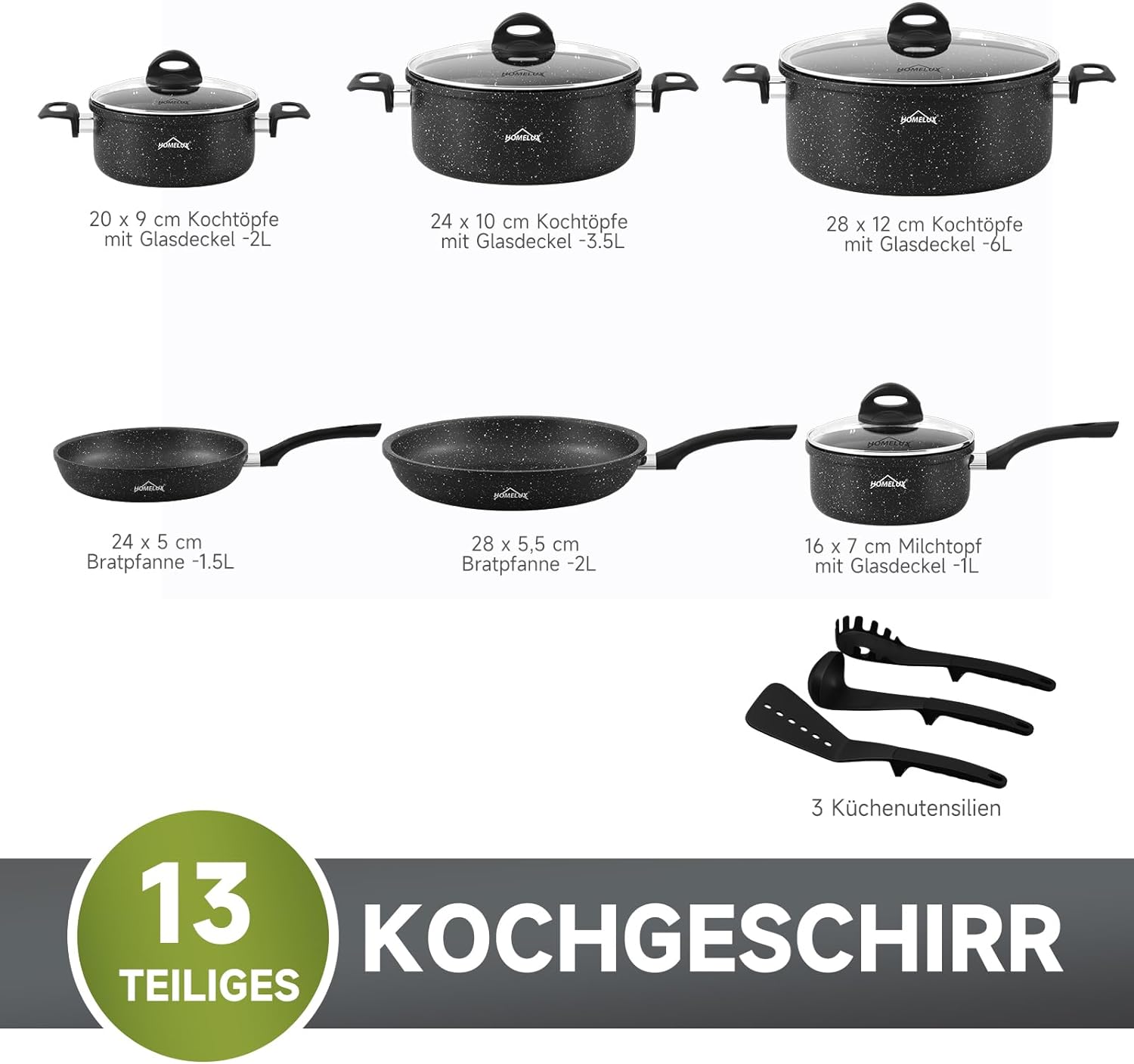 Topfset 13tlg Induktions Töpfe Antihaftbeschichtung Set HOMELUX Aluminiumguss Kochtopfset mit Deckel