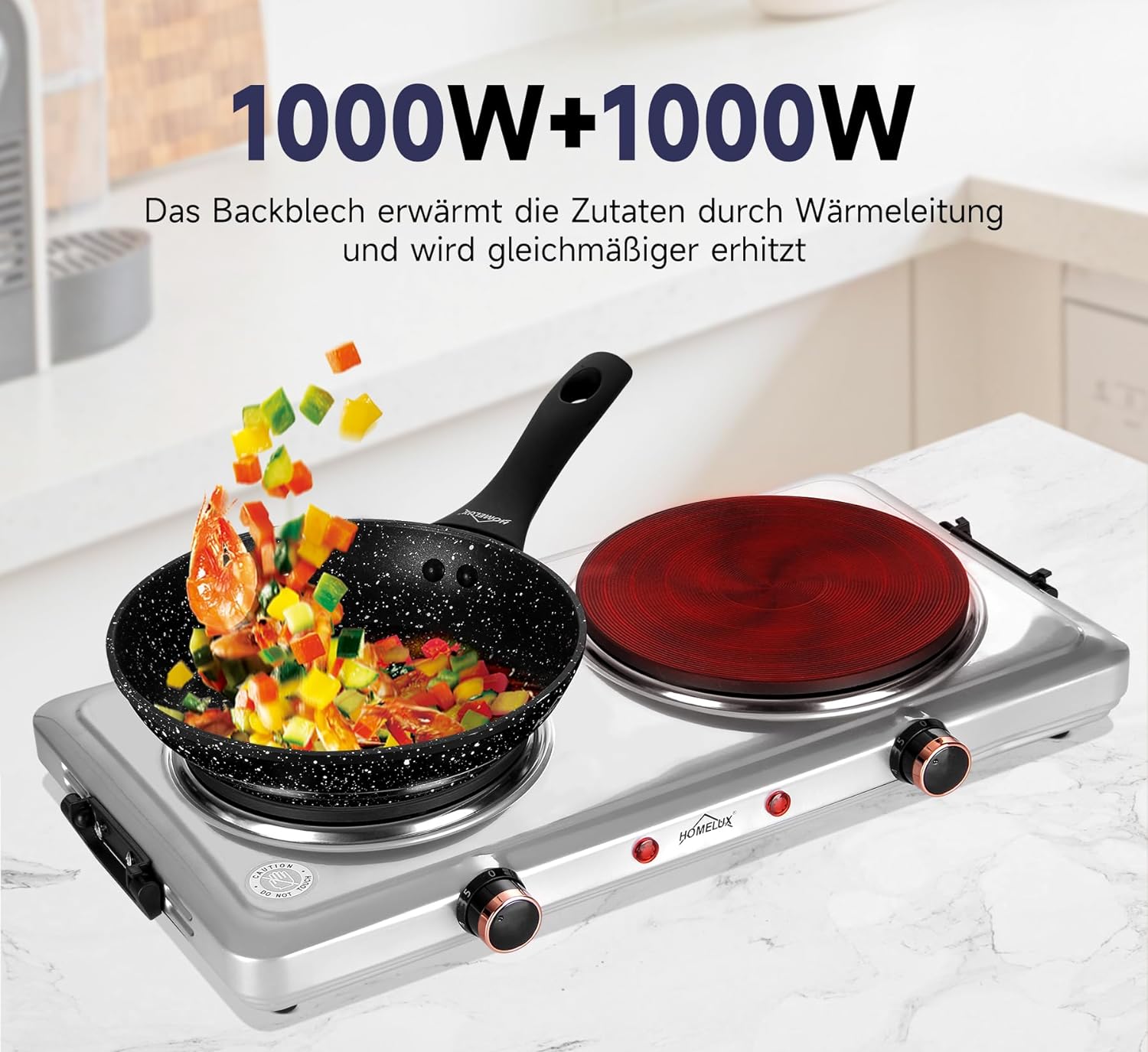 Homelux hotplate 1500W stove top, individually adjustable 5 heating levels, stainless steel hob for kitchen, office or camping 