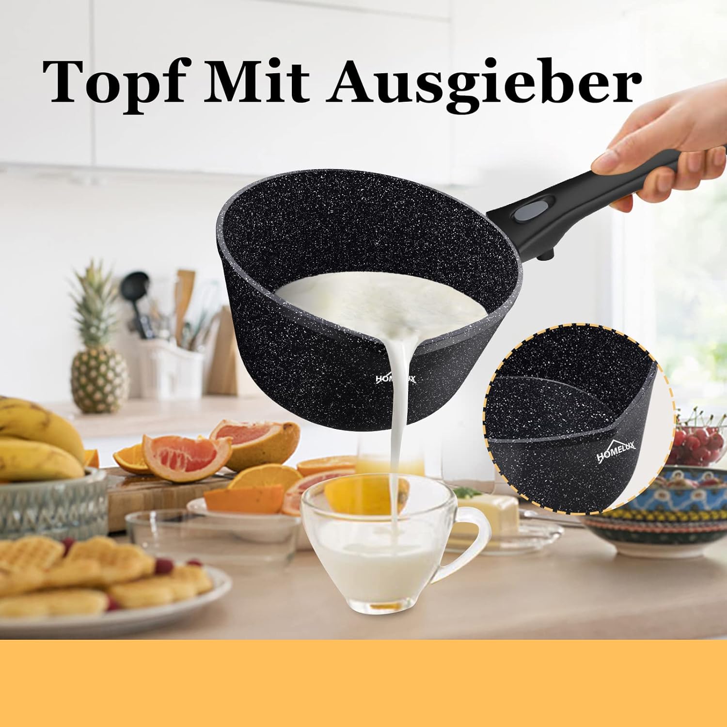 Homelux Induktions-Milchtopf kleiner Kochtopf mit Ausgießer, Stielkasserolle, abnehmbarem Griff. Aluminium, Antihaftbeschichtung