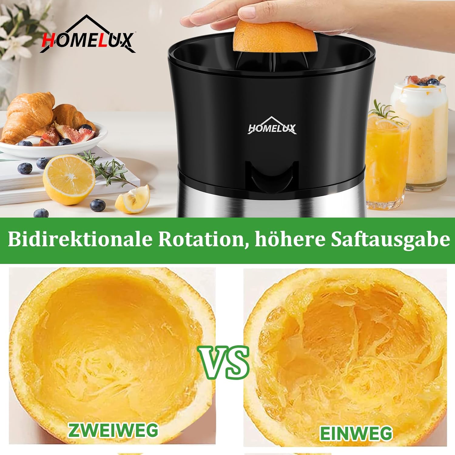 Homelux Elektrische Zitruspresse 500ml: Entsafter mit 2 Kegeln, einstellbares Fruchtfleisch, 45W, Orangenpresse, Hohe Entsaftungsrate