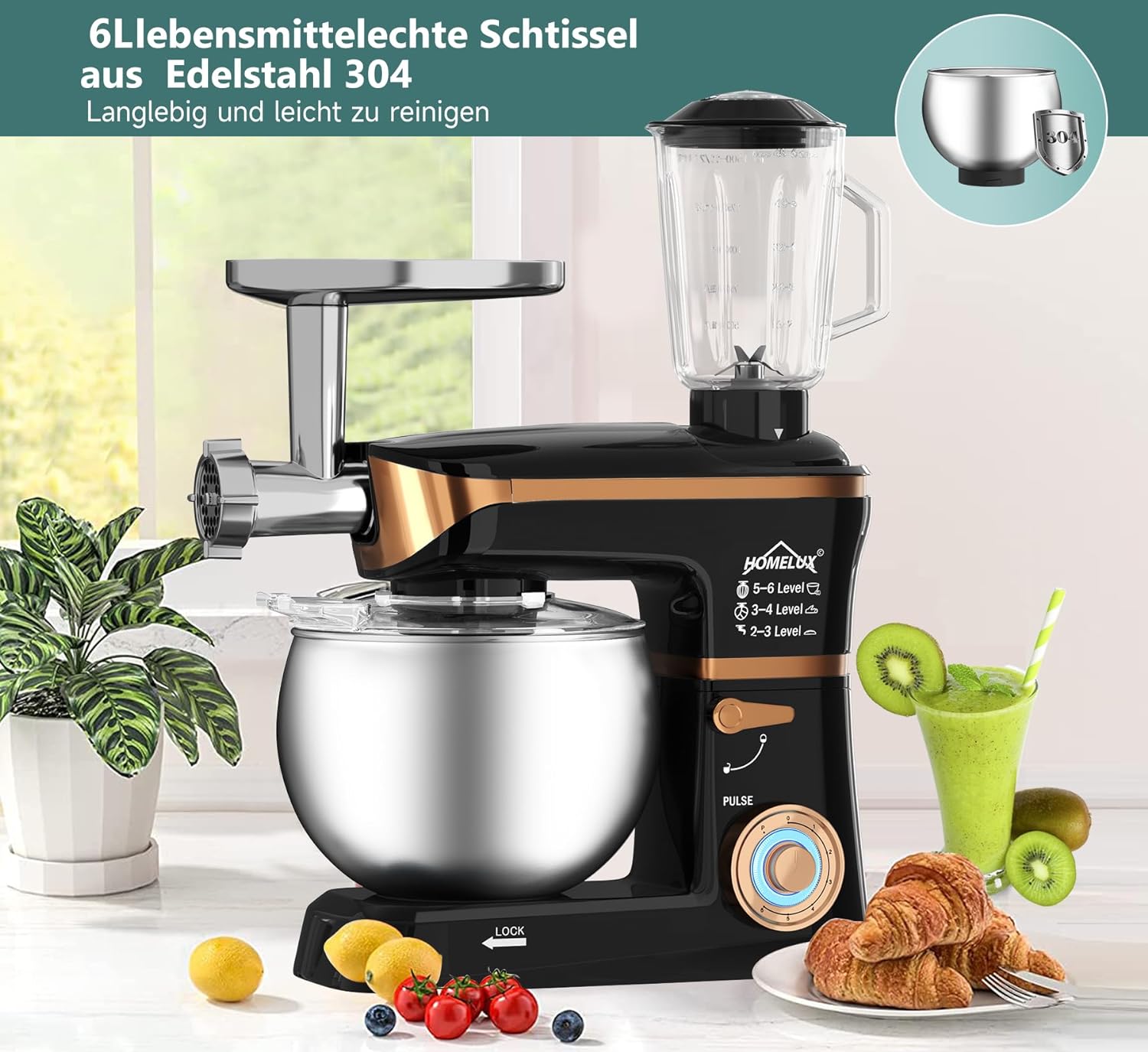 HOMELUX 3-in-1 Küchenmaschine: Fleischwolf, Knetmaschine, 6-stufiger Mixer 2000W, 1.5L Saftpresse, 6L Edelstahlschüssel