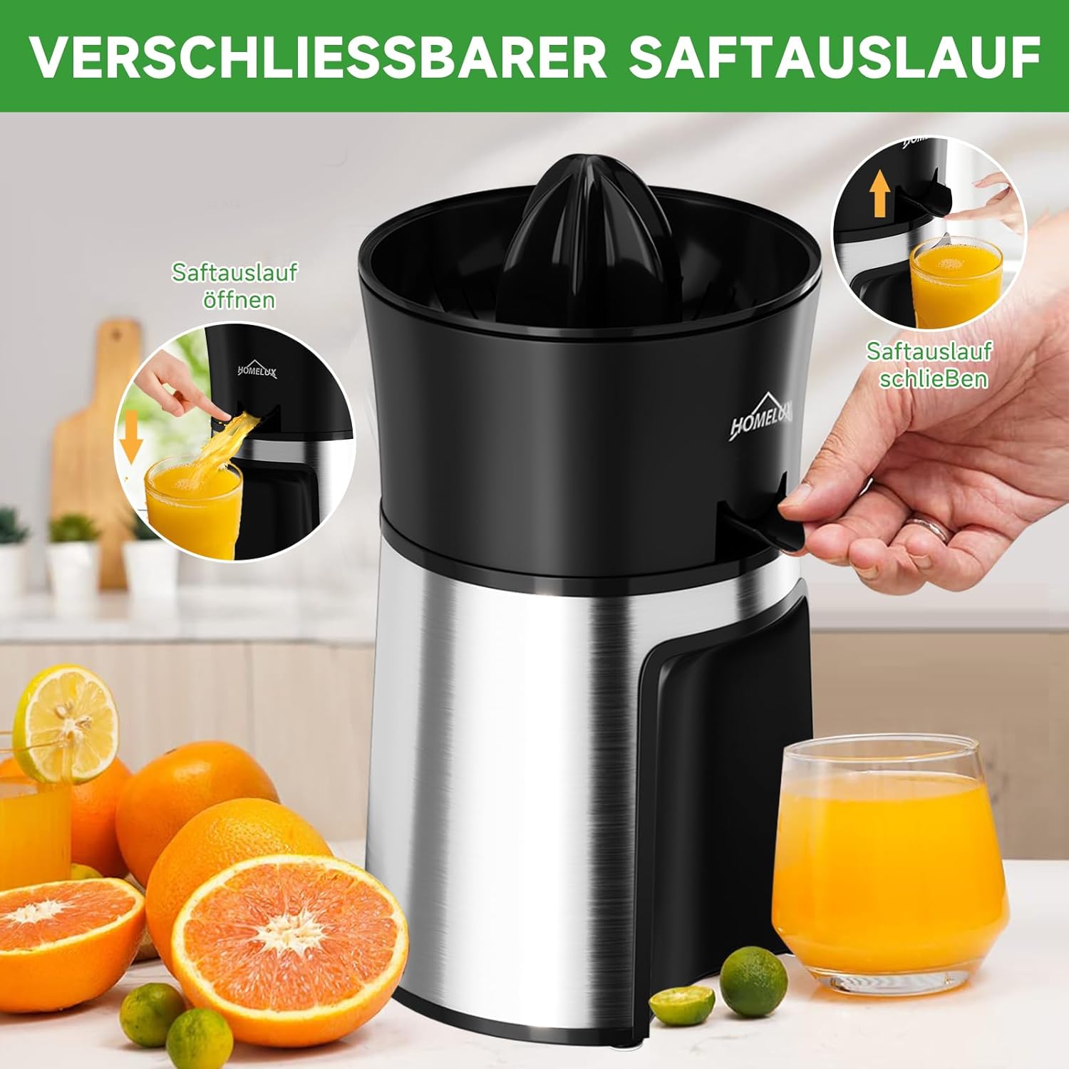 Homelux Elektrische Zitruspresse 500ml: Entsafter mit 2 Kegeln, einstellbares Fruchtfleisch, 45W, Orangenpresse, Hohe Entsaftungsrate