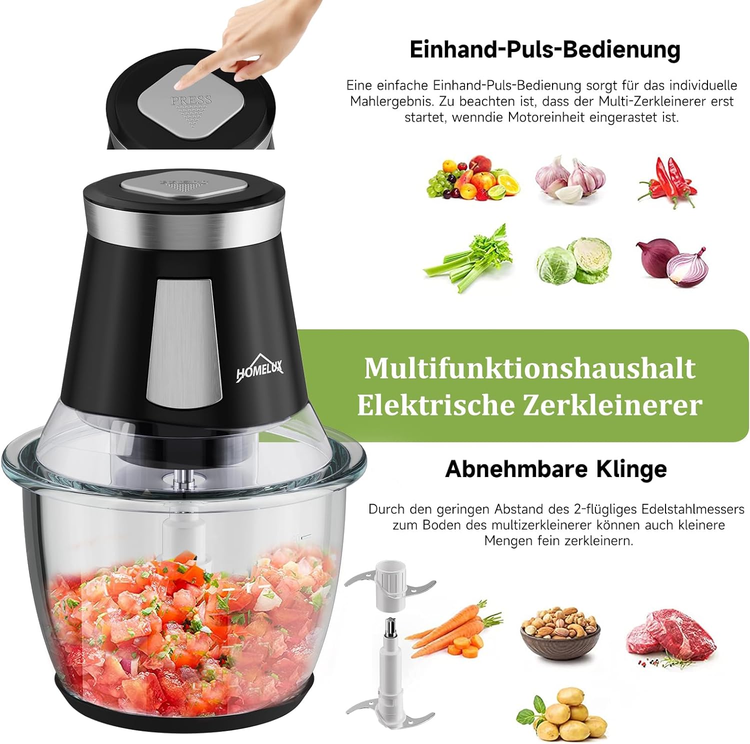 HOMELUX Elektrischer Küchenhäcksler, 300 W Universalhäcksler mit 1.5 L Glasbehälter, Fleischwolf, Multihäcksler, für Fleisch, Gemüse, Obst