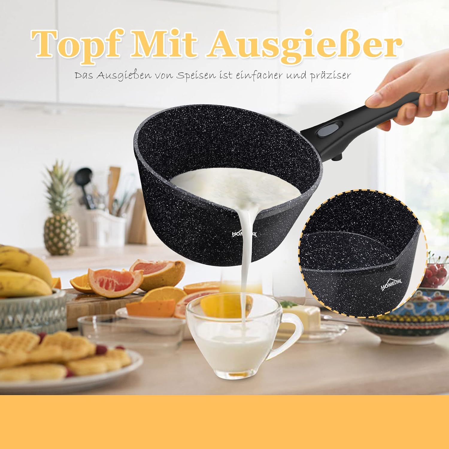 Homelux Induktions-Milchtopf kleiner Kochtopf mit Ausgießer, Stielkasserolle, abnehmbarem Griff. Aluminium, Antihaftbeschichtung