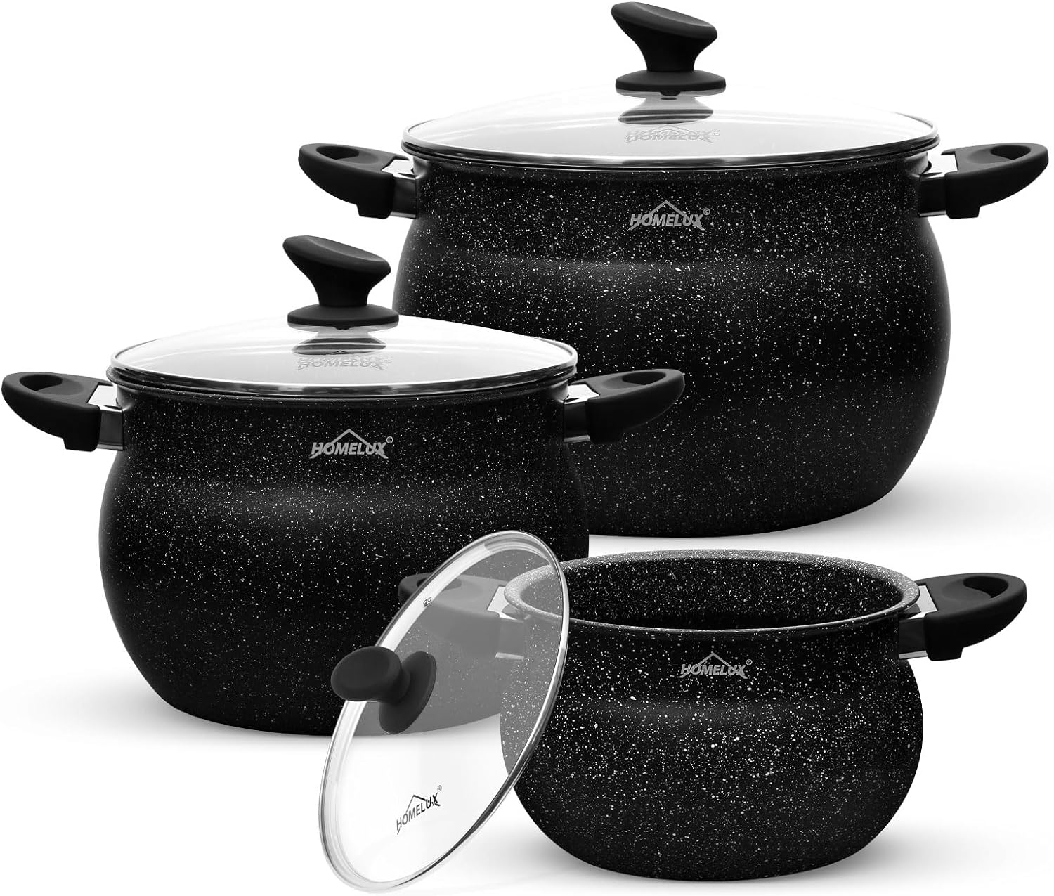 Homelux cooking pots set, induction, non-stick, dishwasher, glass lid, 20cm/4L, 24cm/8L, 28cm/12.5L 