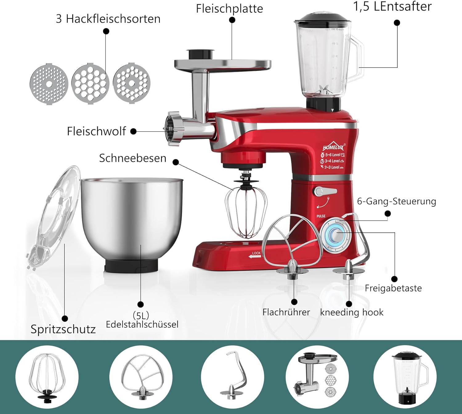 HOMELUX 3-in-1 Küchenmaschine: Fleischwolf, Knetmaschine, 6-stufiger Mixer 2000W, 1.5L Saftpresse, 6L Edelstahlschüssel