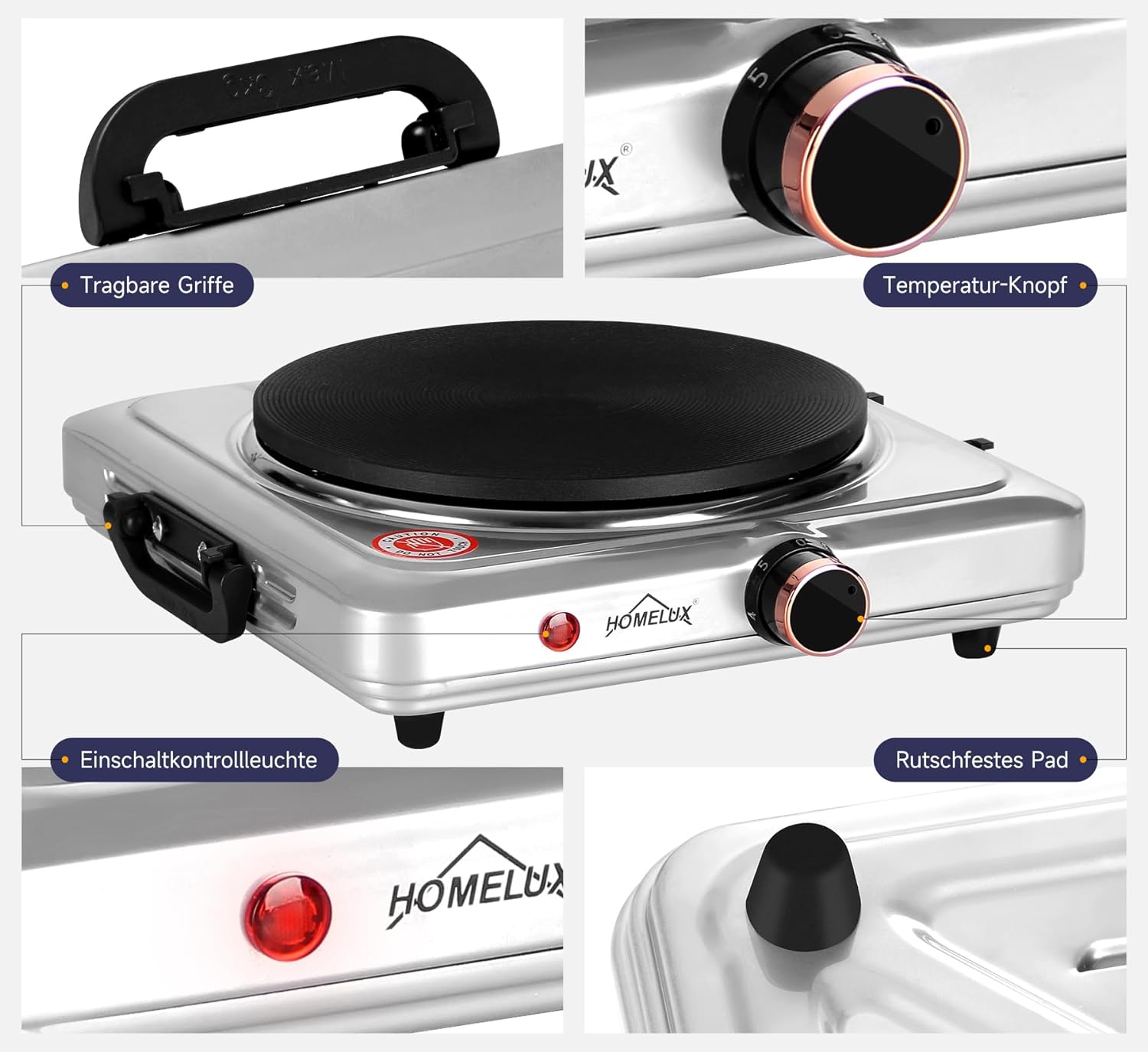 Homelux hotplate 1500W stove top, individually adjustable 5 heating levels, stainless steel hob for kitchen, office or camping 