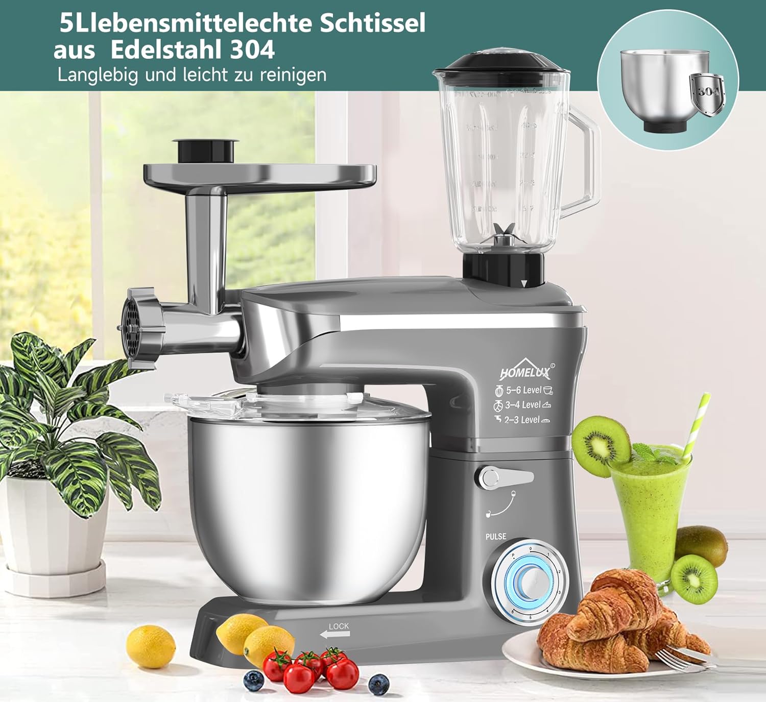 HOMELUX 3-in-1 Küchenmaschine: Fleischwolf, Knetmaschine, 6-stufiger Mixer 2000W, 1.5L Saftpresse, 6L Edelstahlschüssel