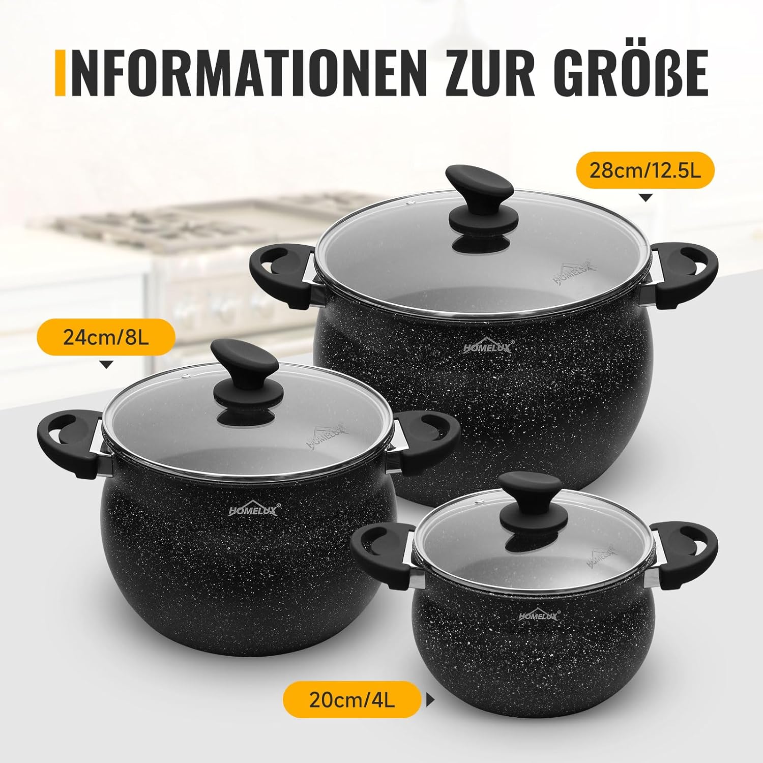 Homelux cooking pots set, induction, non-stick, dishwasher, glass lid, 20cm/4L, 24cm/8L, 28cm/12.5L 