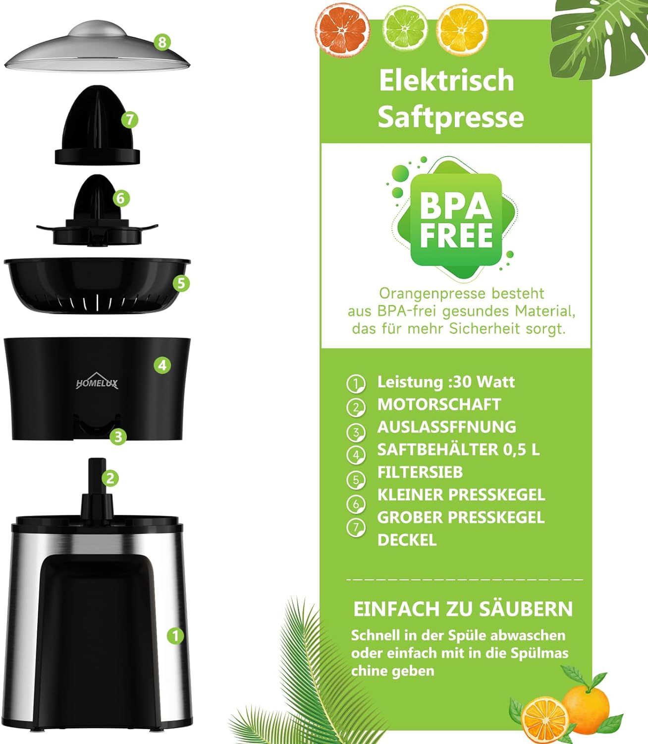 Homelux Elektrische Zitruspresse 500ml: Entsafter mit 2 Kegeln, einstellbares Fruchtfleisch, 45W, Orangenpresse, Hohe Entsaftungsrate