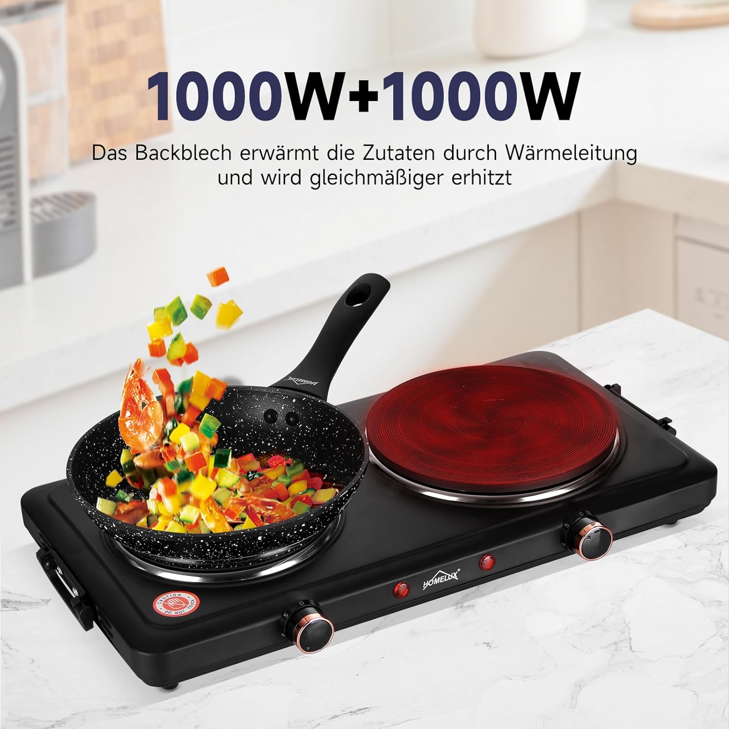 Homelux hotplate 1500W stove top, individually adjustable 5 heating levels, stainless steel hob for kitchen, office or camping 