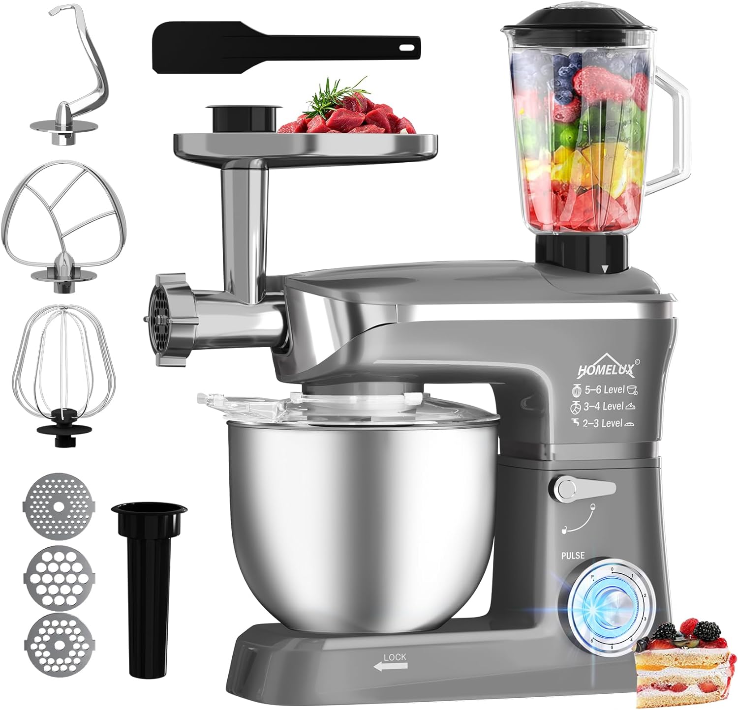 HOMELUX 3-in-1 Küchenmaschine: Fleischwolf, Knetmaschine, 6-stufiger Mixer 2000W, 1.5L Saftpresse, 6L Edelstahlschüssel