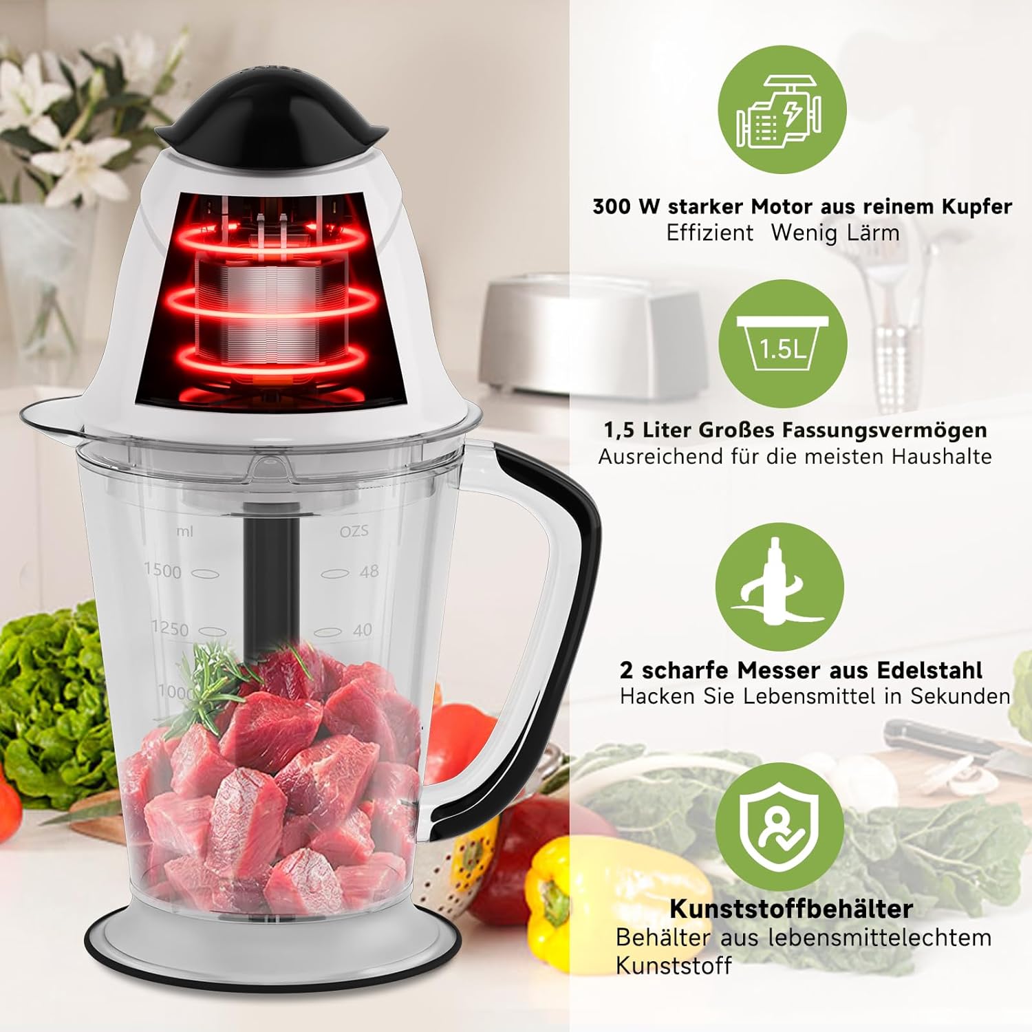 HOMELUX Elektrischer Küchenhäcksler, 300 W Universalhäcksler mit 1.5 L Glasbehälter, Fleischwolf, Multihäcksler, für Fleisch, Gemüse, Obst