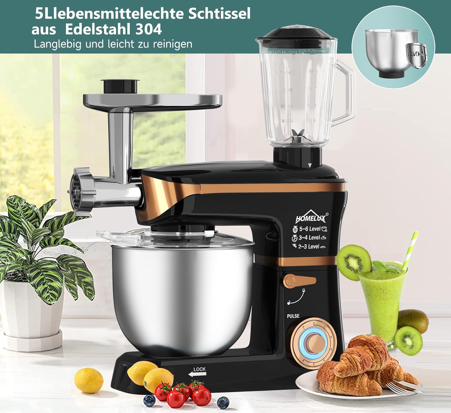 HOMELUX 3-in-1 Küchenmaschine: Fleischwolf, Knetmaschine, 6-stufiger Mixer 2000W, 1.5L Saftpresse, 6L Edelstahlschüssel