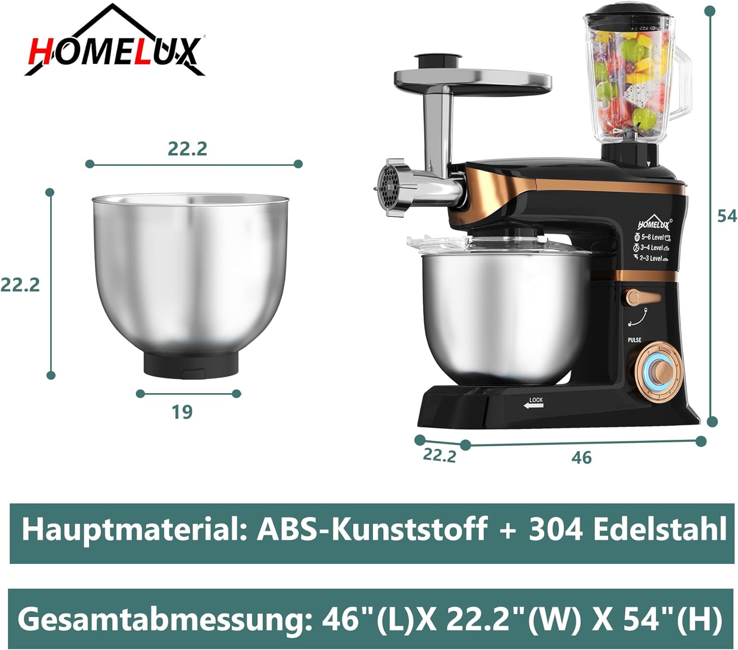 HOMELUX 3-in-1 Küchenmaschine: Fleischwolf, Knetmaschine, 6-stufiger Mixer 2000W, 1.5L Saftpresse, 6L Edelstahlschüssel