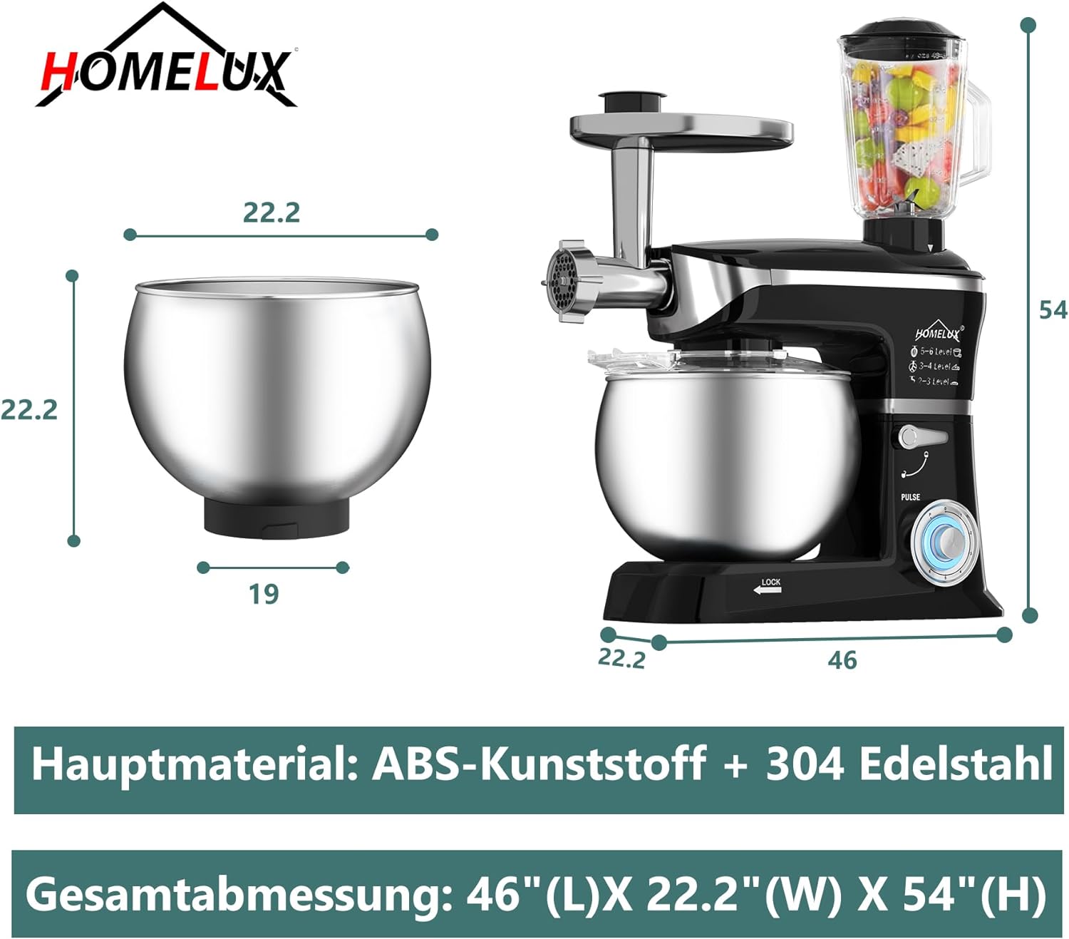 HOMELUX 3-in-1 Küchenmaschine: Fleischwolf, Knetmaschine, 6-stufiger Mixer 2000W, 1.5L Saftpresse, 6L Edelstahlschüssel