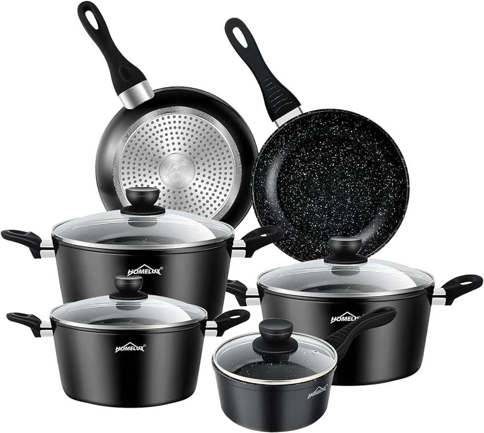 HOMELUX 10-piece induction pot set, cooking pot set made of cast aluminum with non-stick coating, pots including lid, PFOA free, black