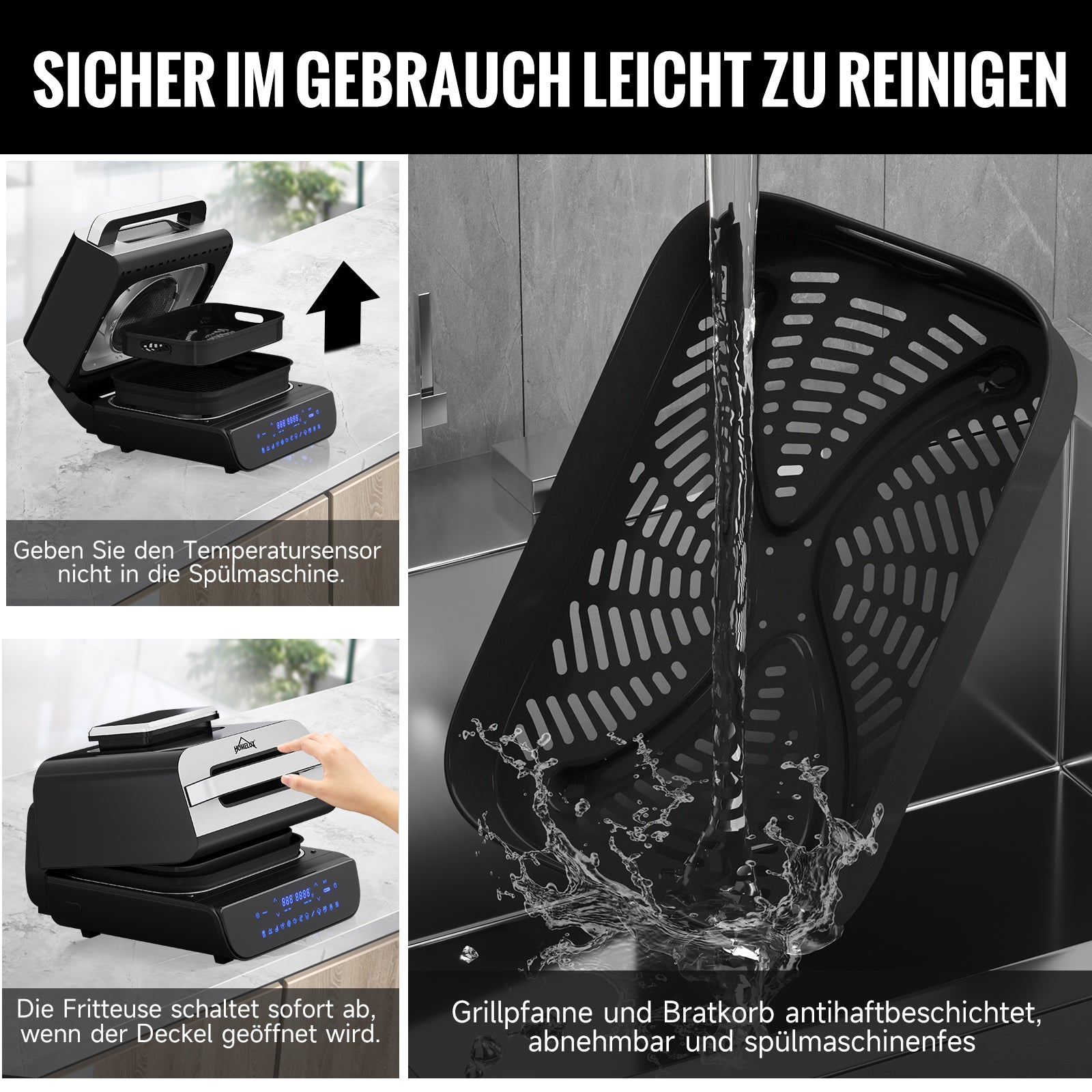 HOMELUX Grill & Heißluftfritteuse 6-in-1 mit Kontaktgrill Plate, Digitalem Temperaturfühler, Touch-Steuerung, Max 230℃, 1700W